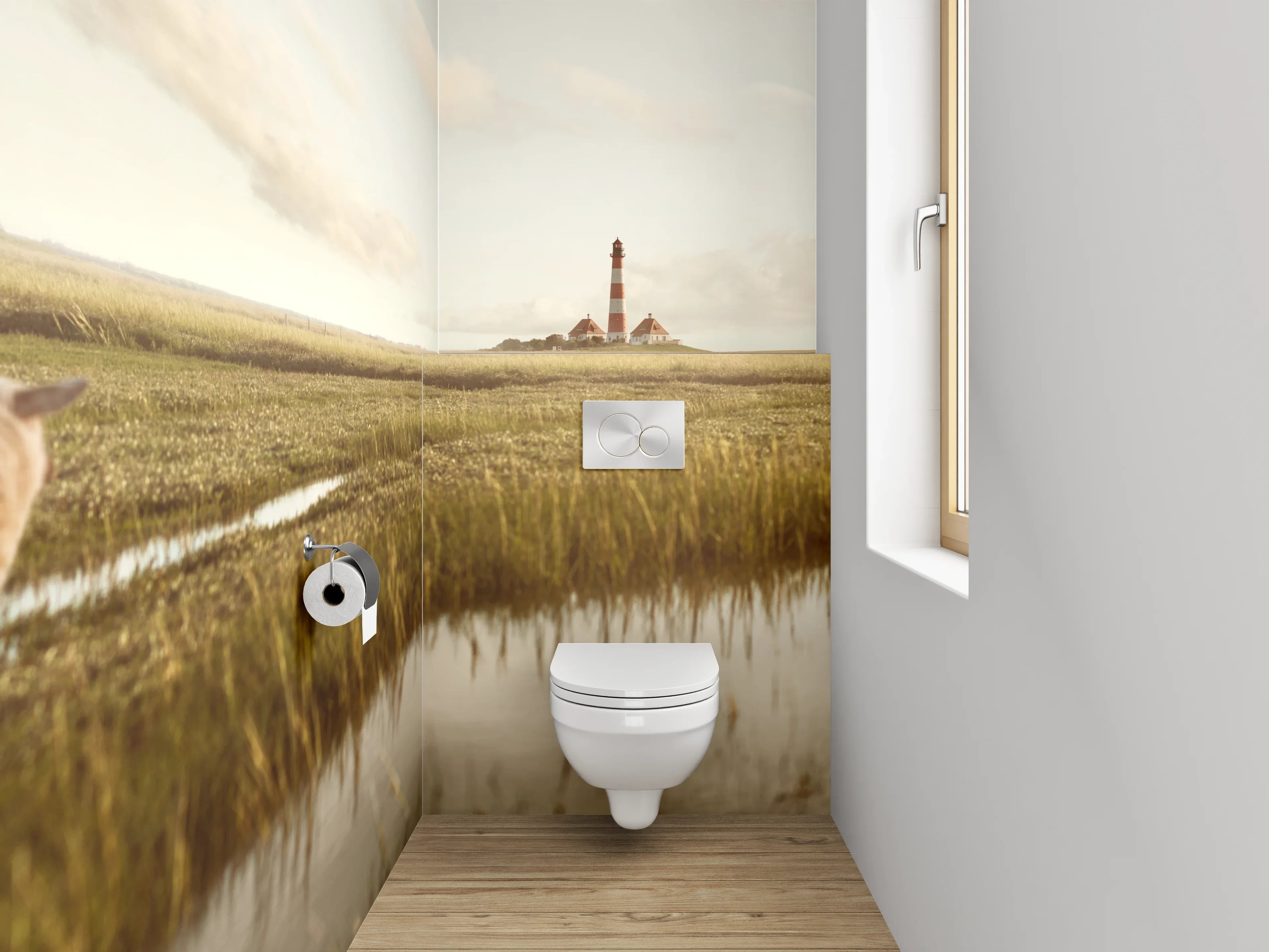 WC-Rückwand - Norddeutsche Marschlandschaft mit Leuchtturm