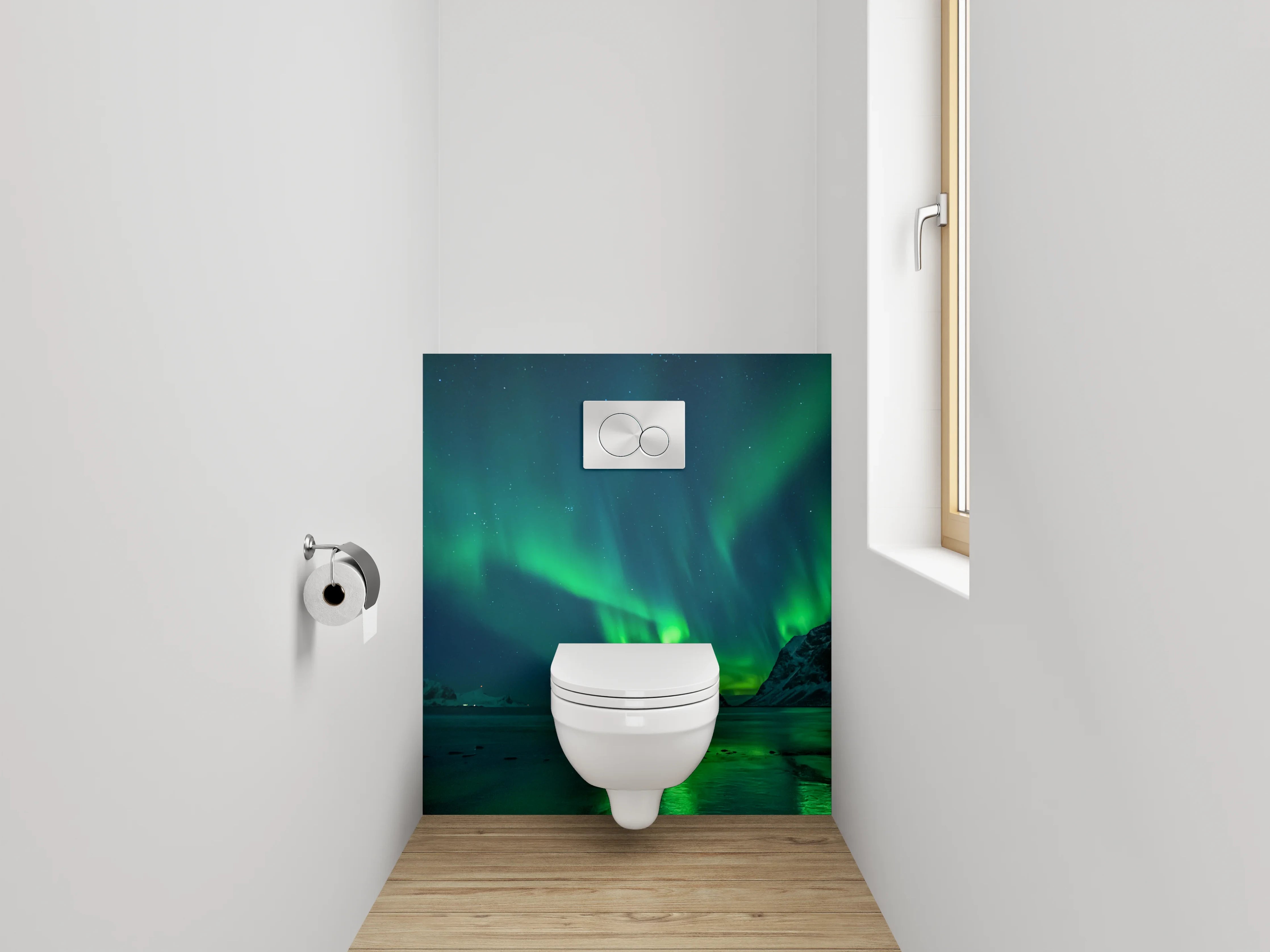 WC-Rückwand - Nordlicht über verschneiten Bergen