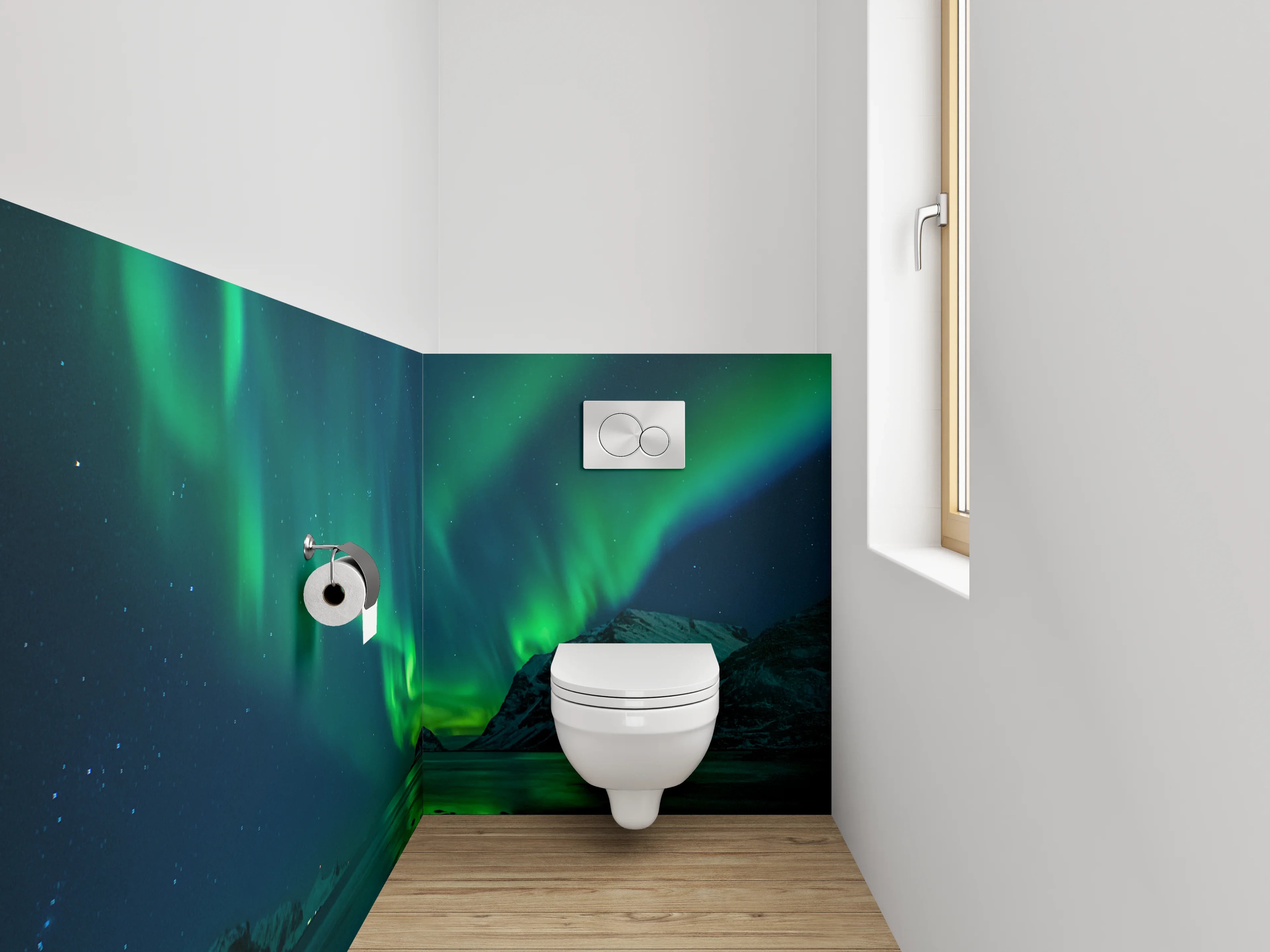 WC-Rückwand - Nordlicht über verschneiten Bergen