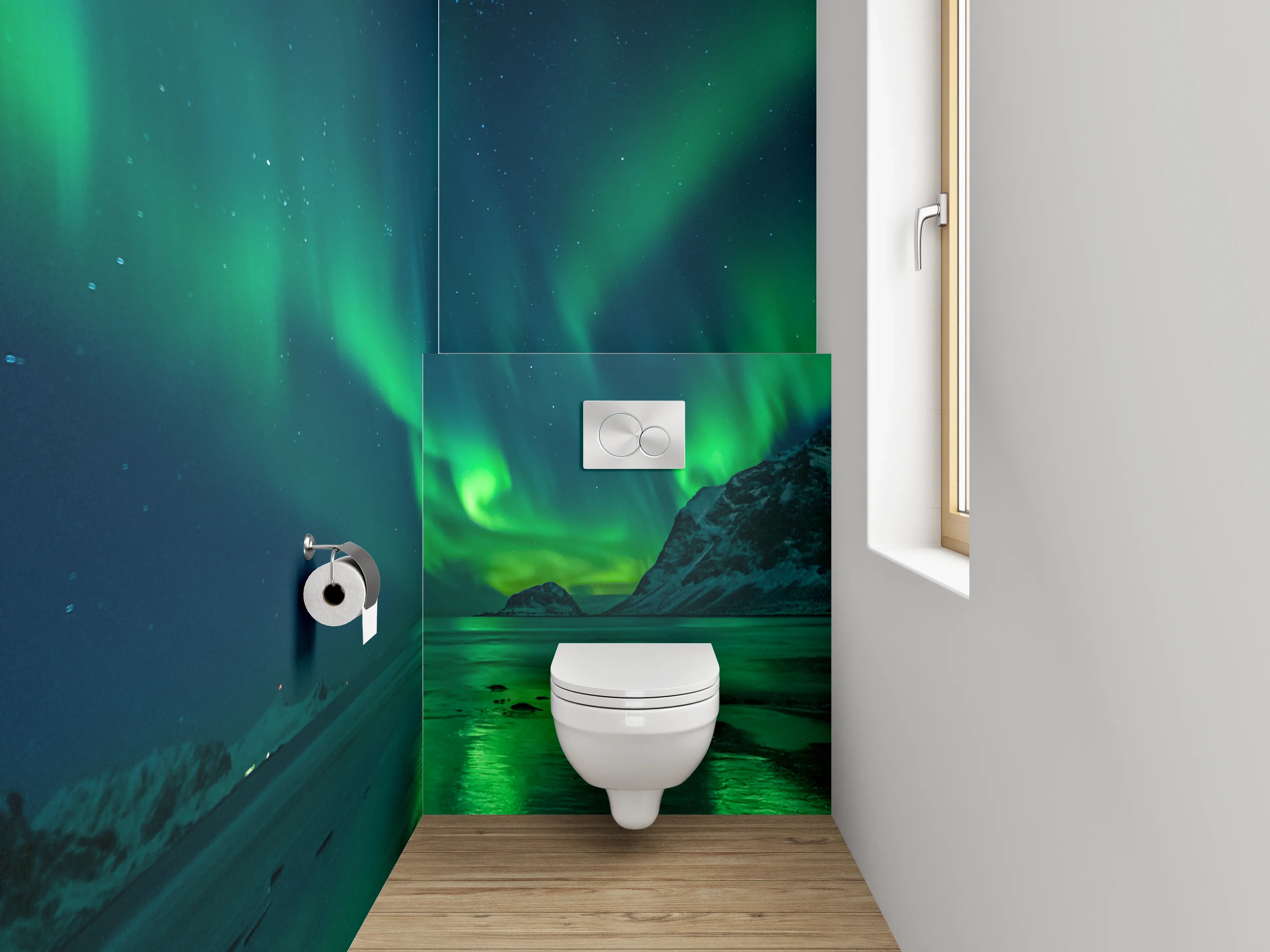 WC-Rückwand - Nordlicht über verschneiten Bergen