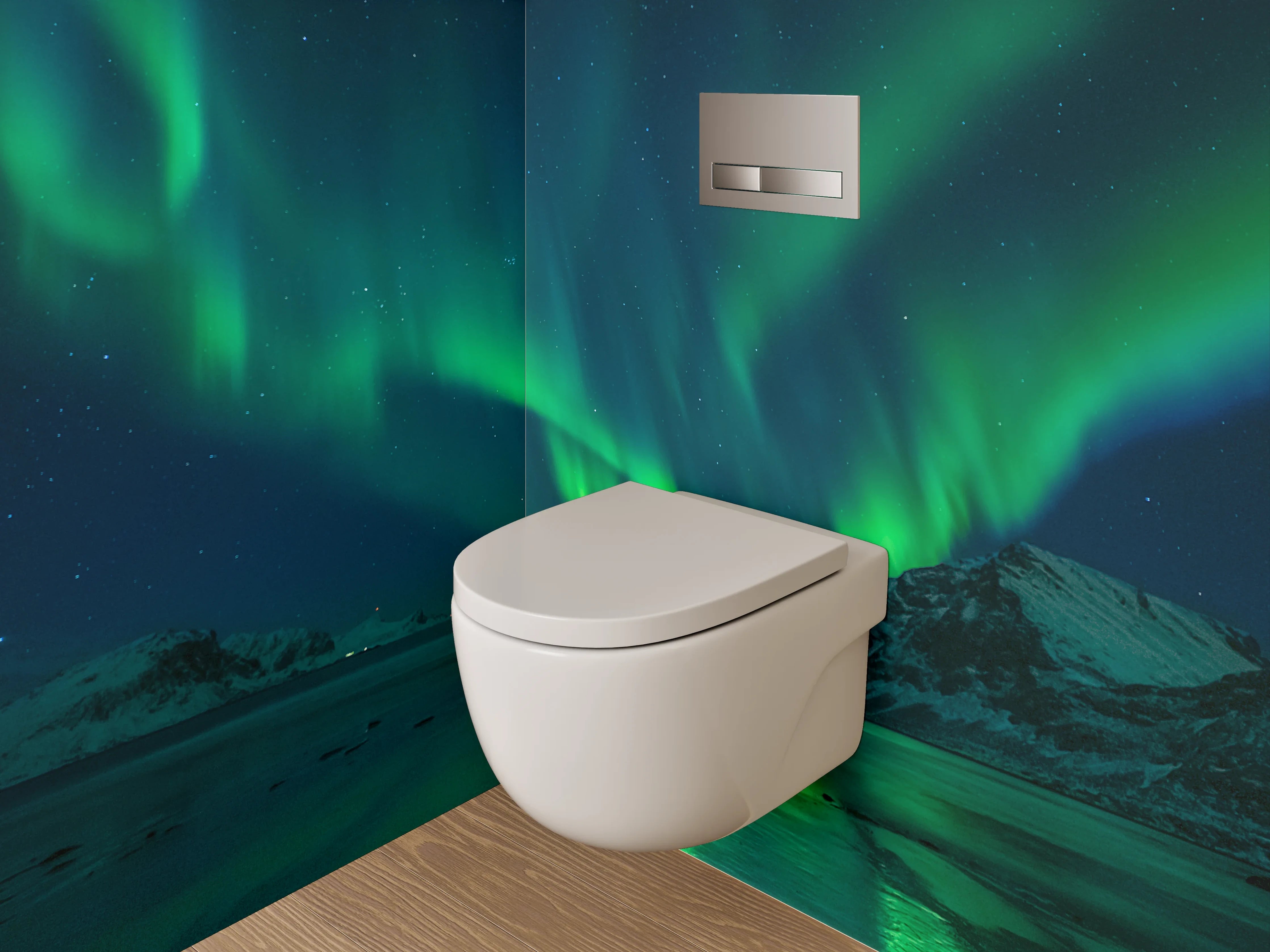 WC-Rückwand - Nordlicht über verschneiten Bergen