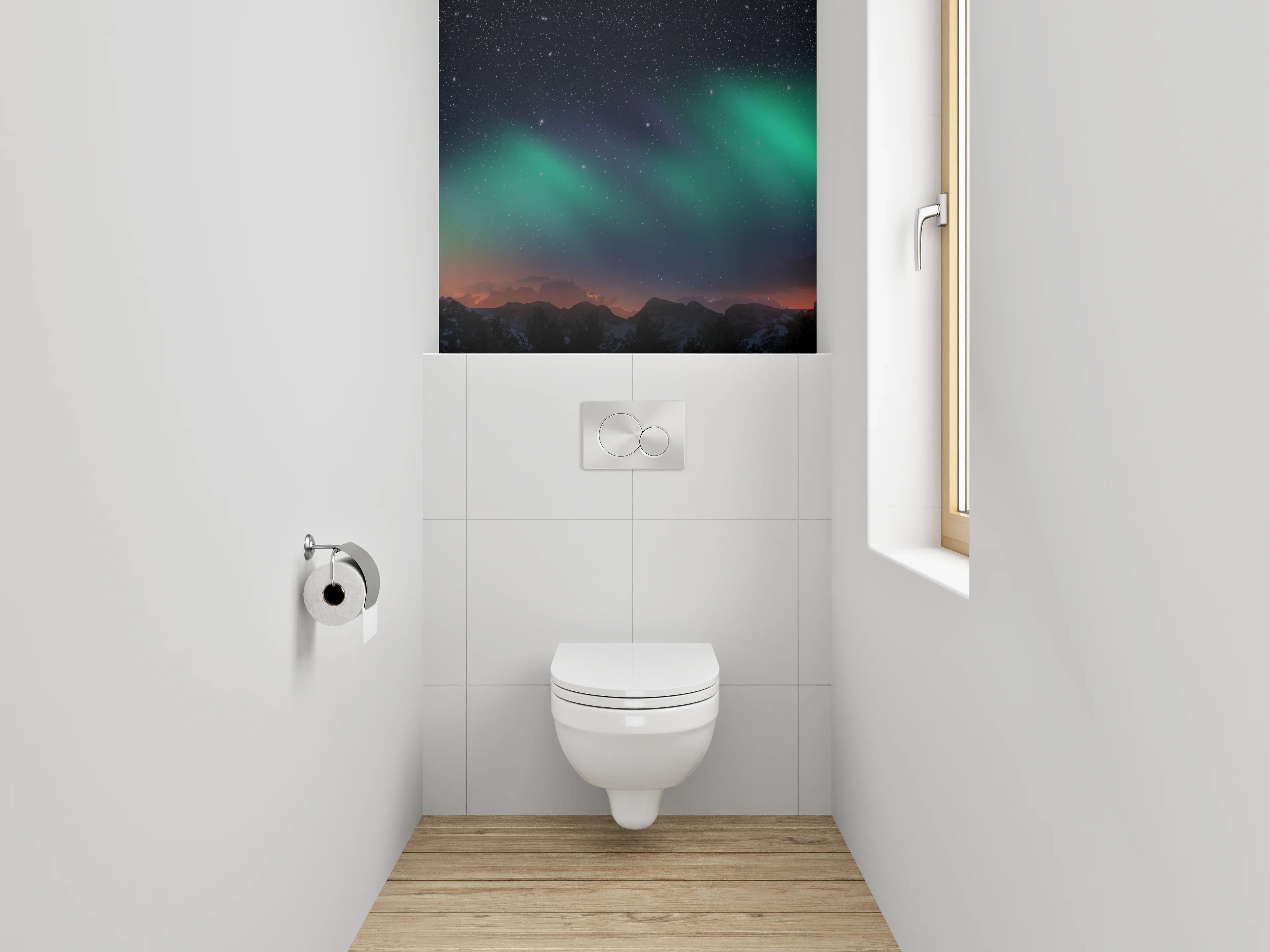 WC-Rückwand - Nordlichter über Berglandschaft Panorama