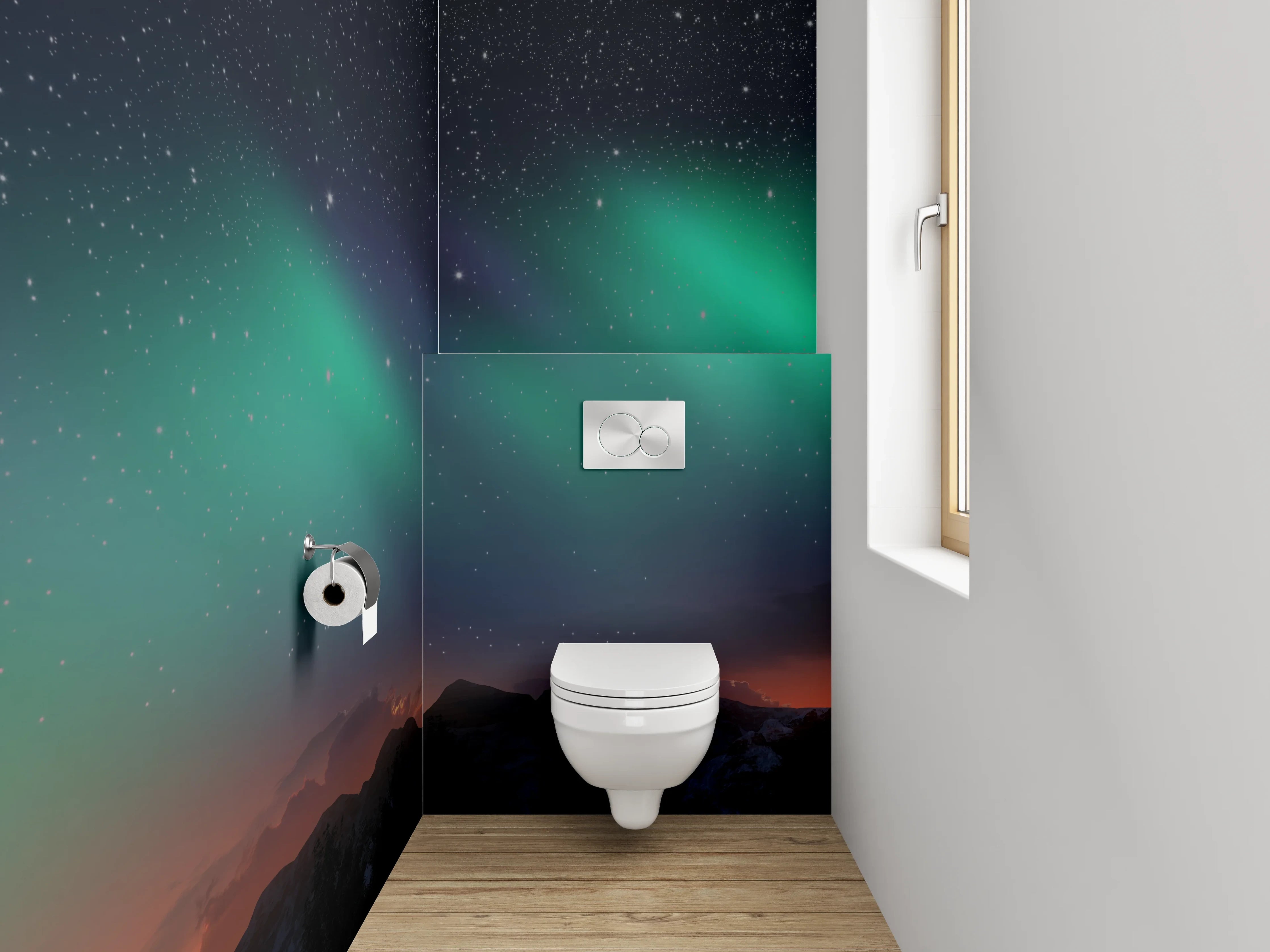 WC-Rückwand - Nordlichter über Berglandschaft Panorama