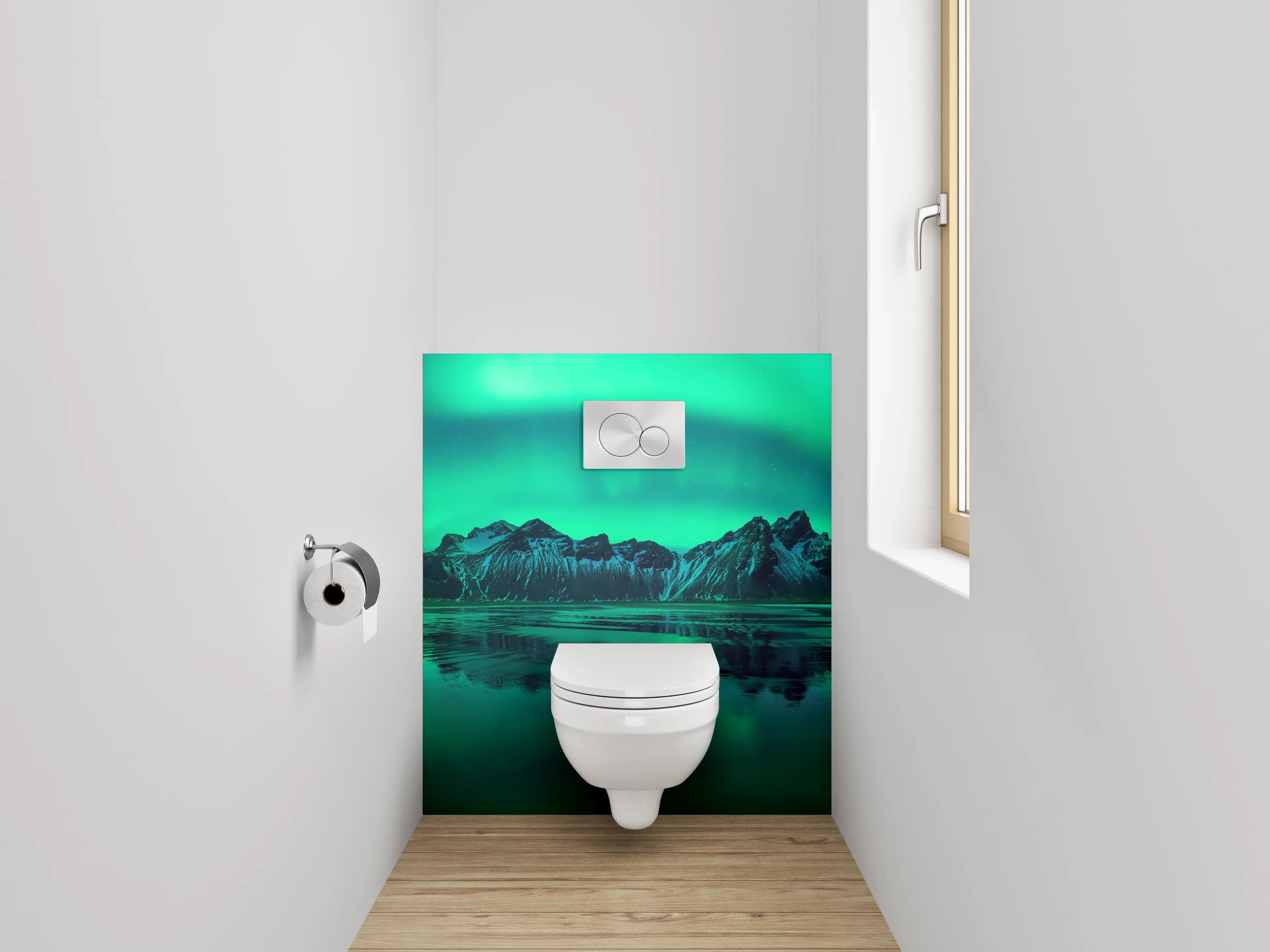 WC-Rückwand - Nordlichter über isländischen Bergen