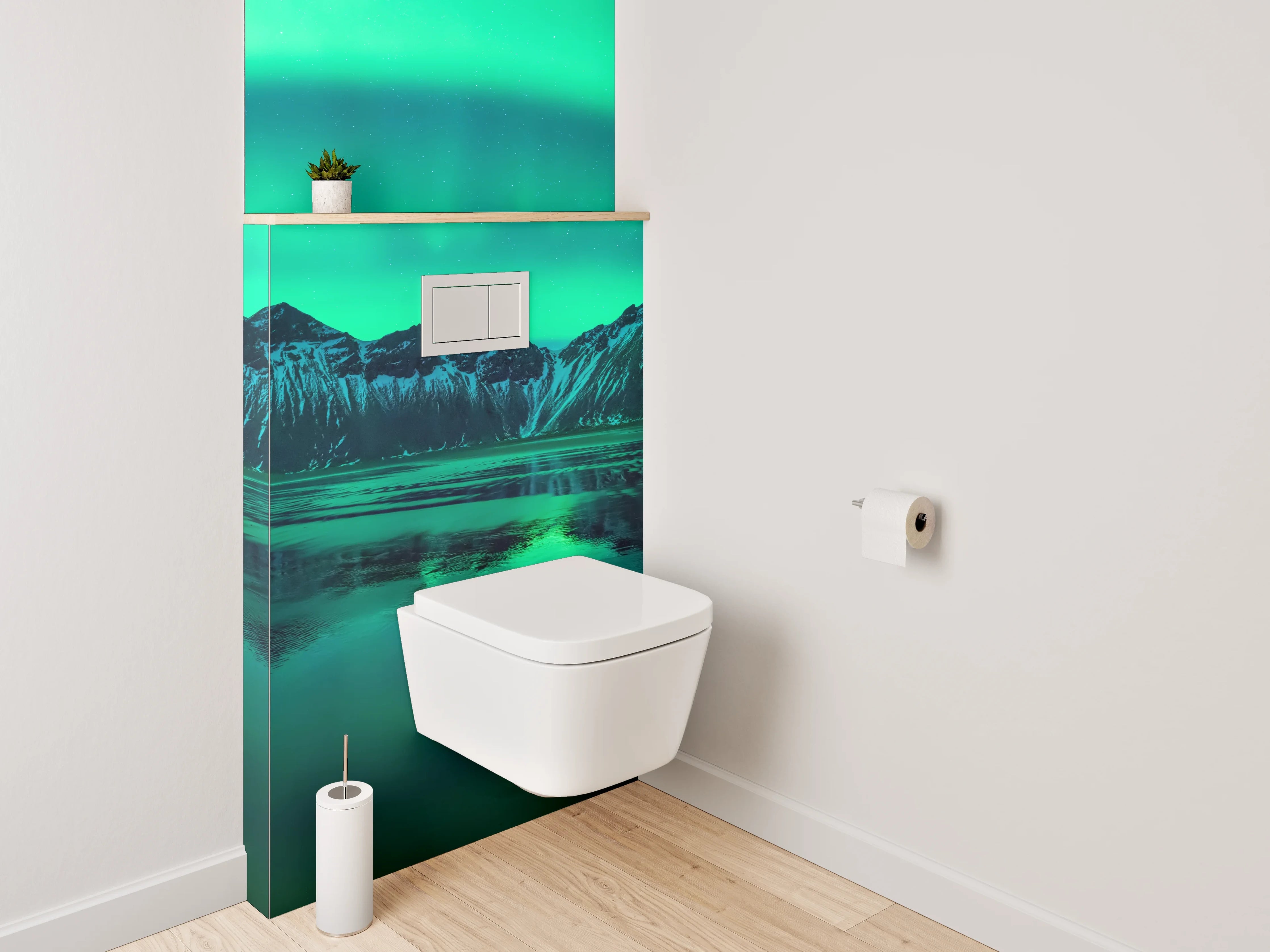 WC-Rückwand - Nordlichter über isländischen Bergen
