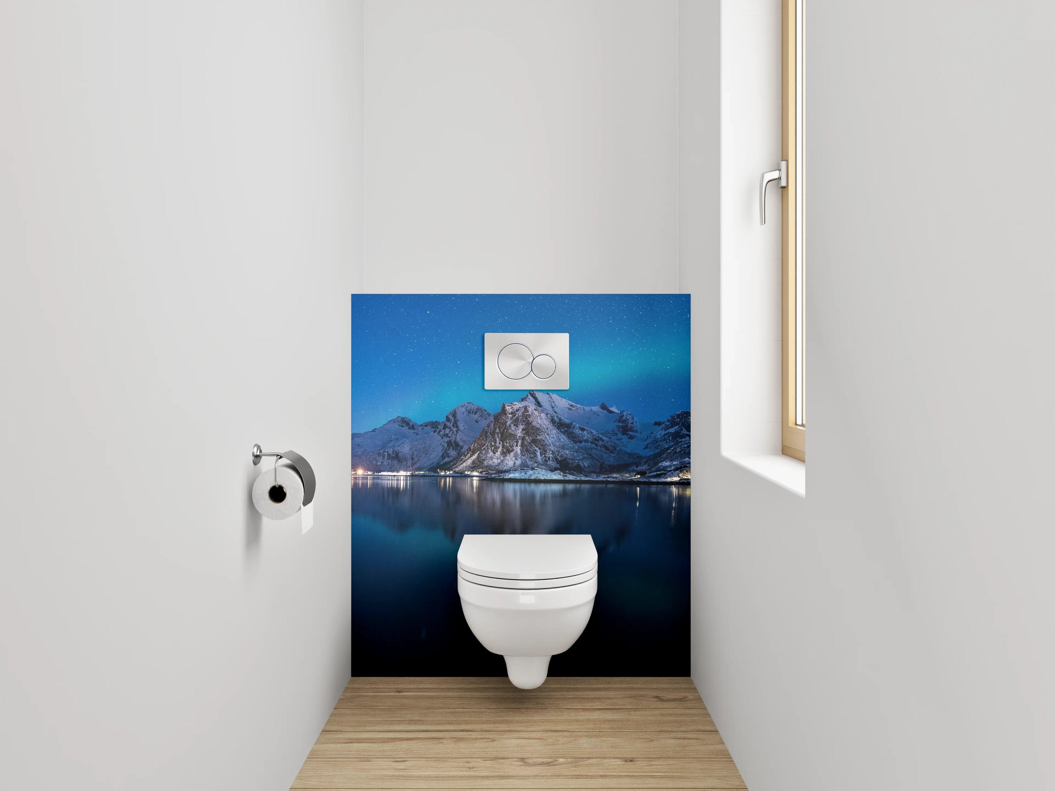 WC-Rückwand - Nordlichter über verschneiten Bergen Panorama