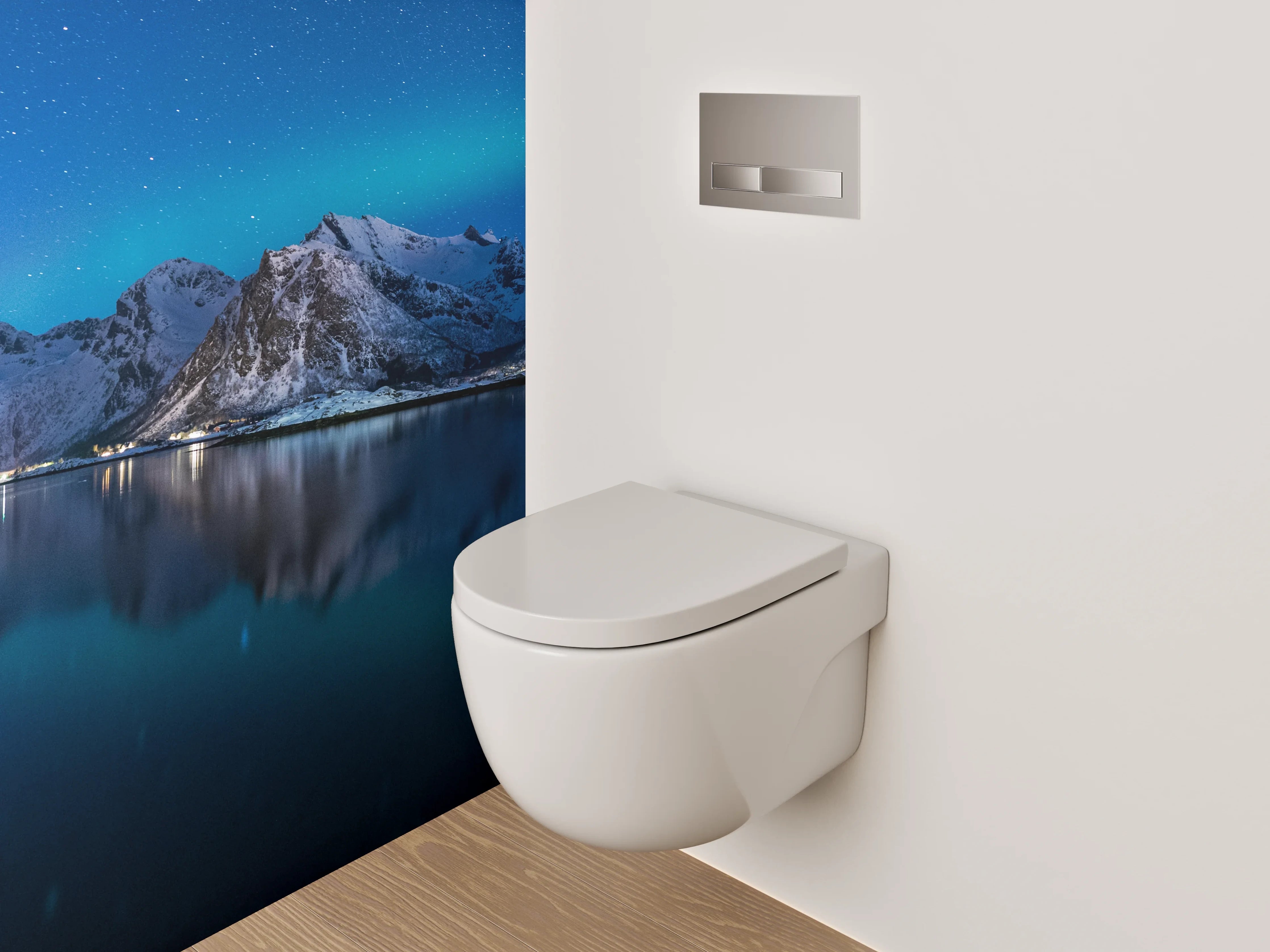 WC-Rückwand - Nordlichter über verschneiten Bergen Panorama