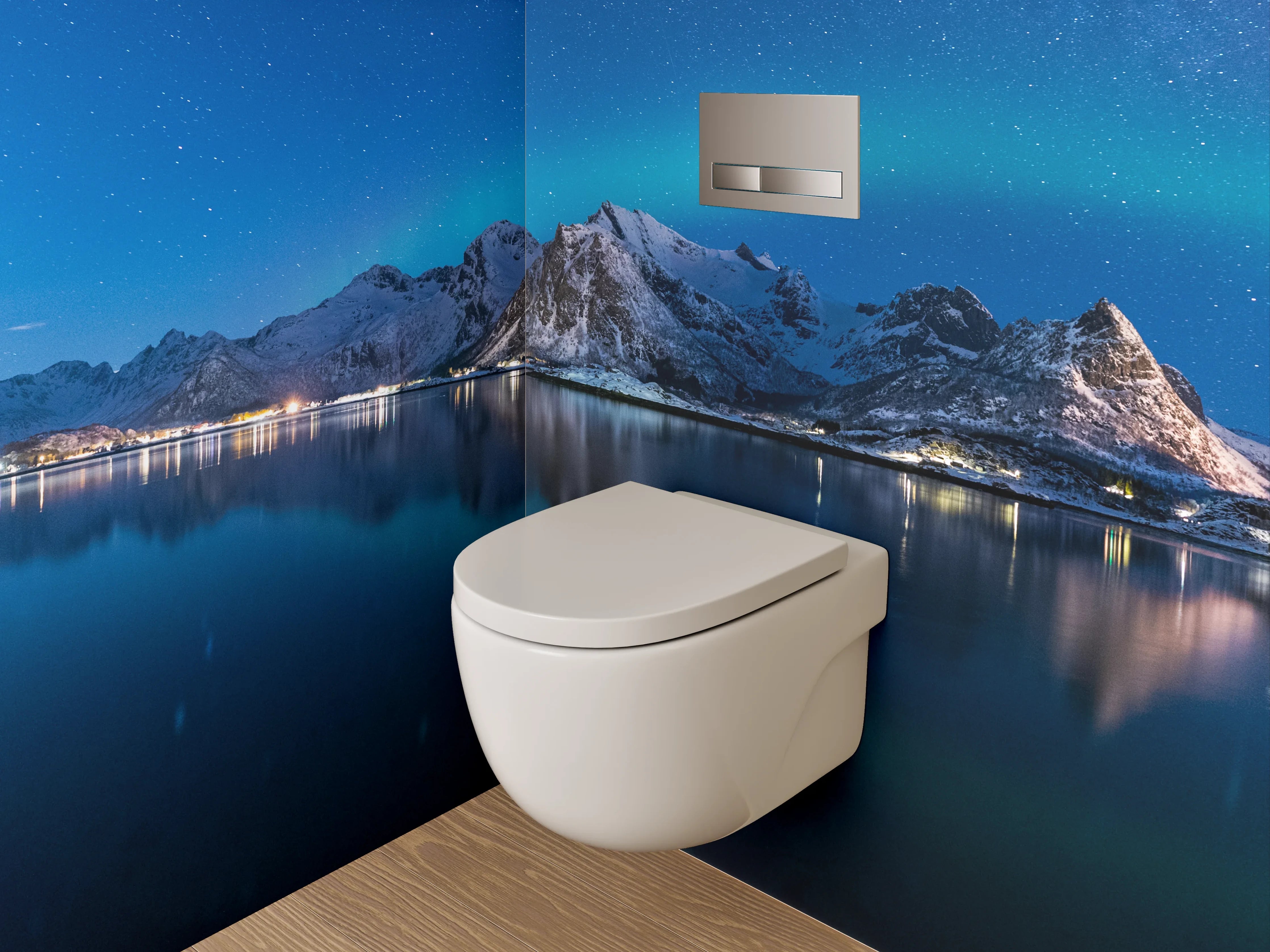 WC-Rückwand - Nordlichter über verschneiten Bergen Panorama