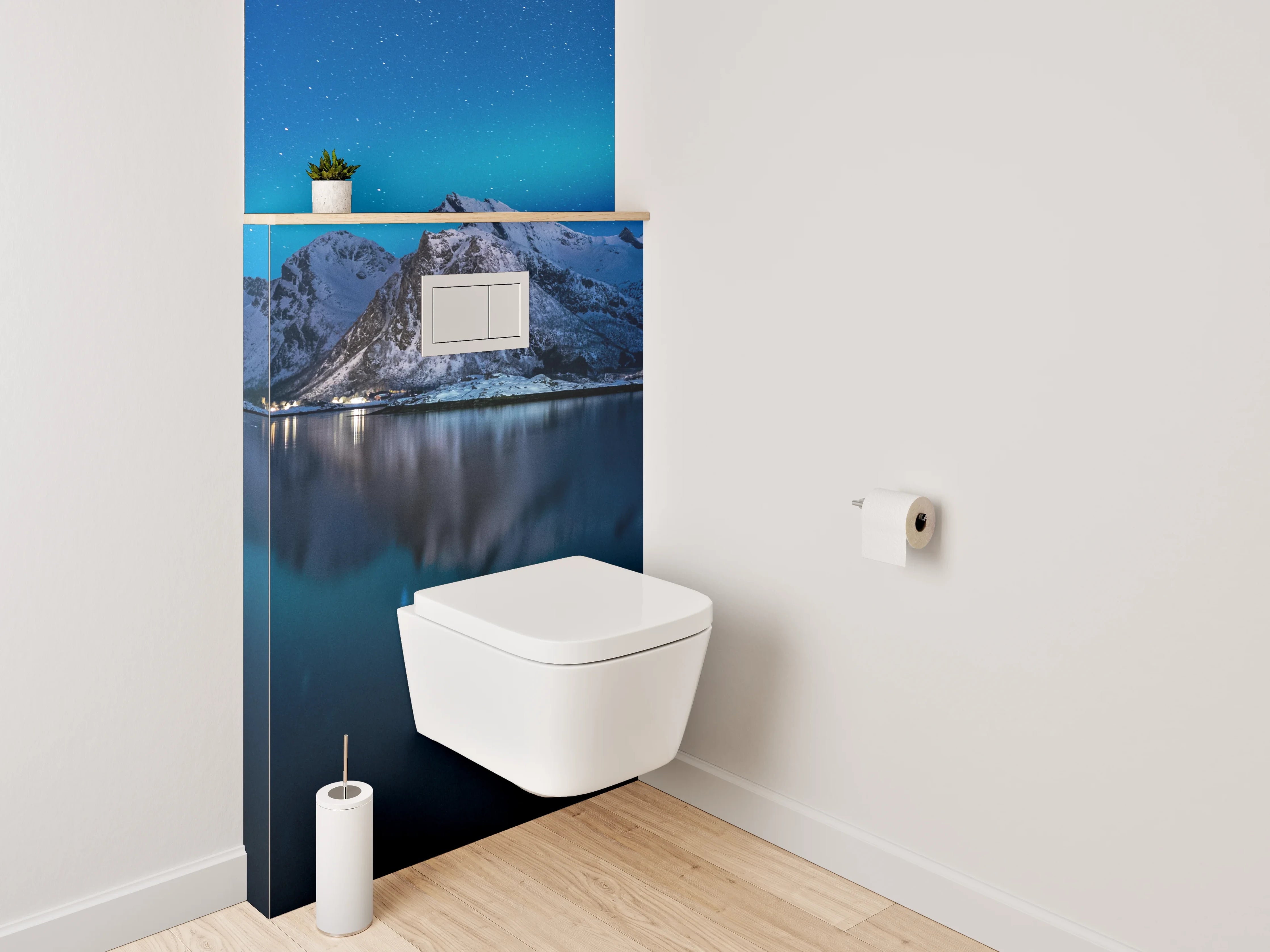 WC-Rückwand - Nordlichter über verschneiten Bergen Panorama