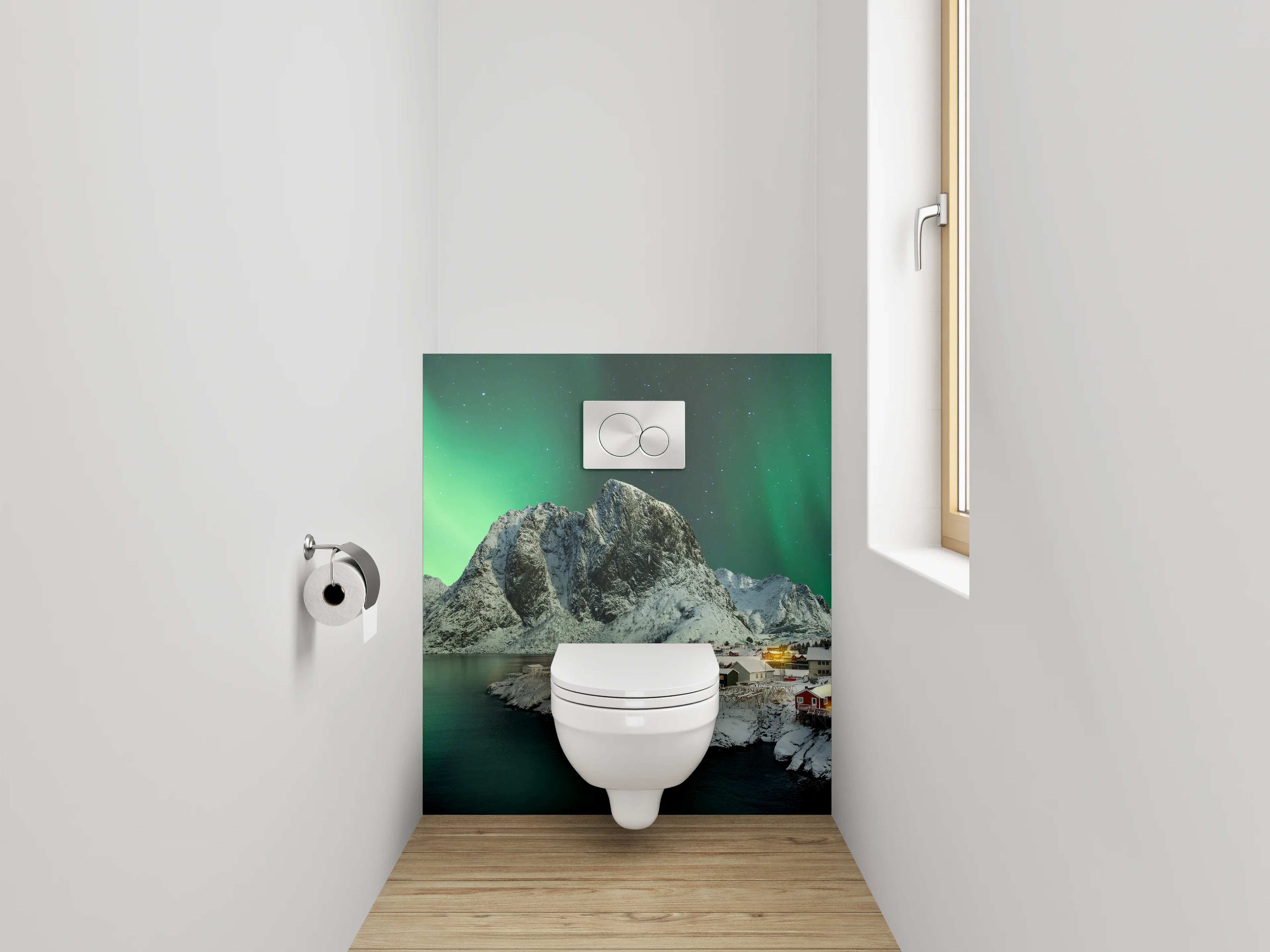 WC-Rückwand - Nordlichter über verschneiten Bergen