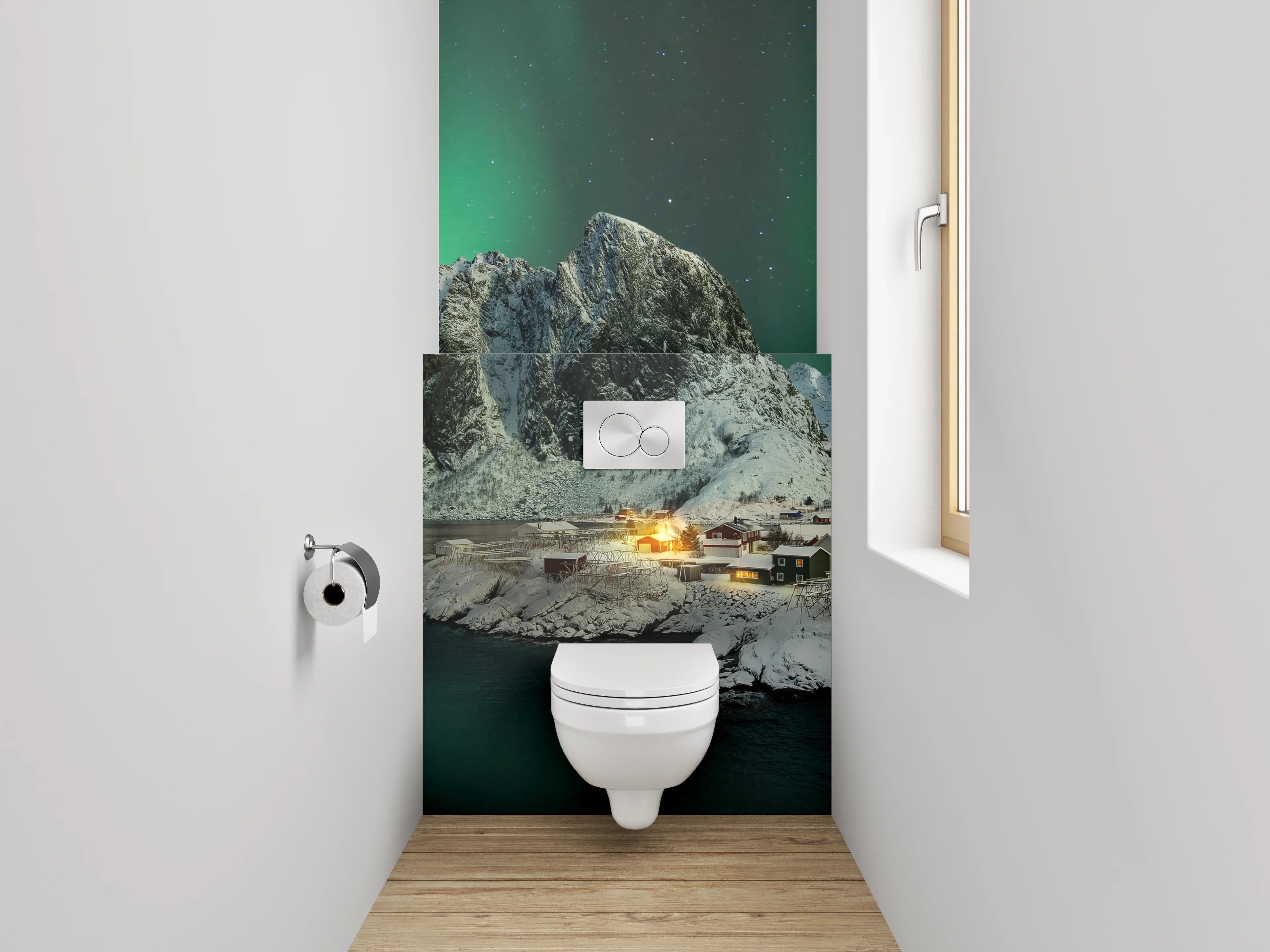 WC-Rückwand - Nordlichter über verschneiten Bergen