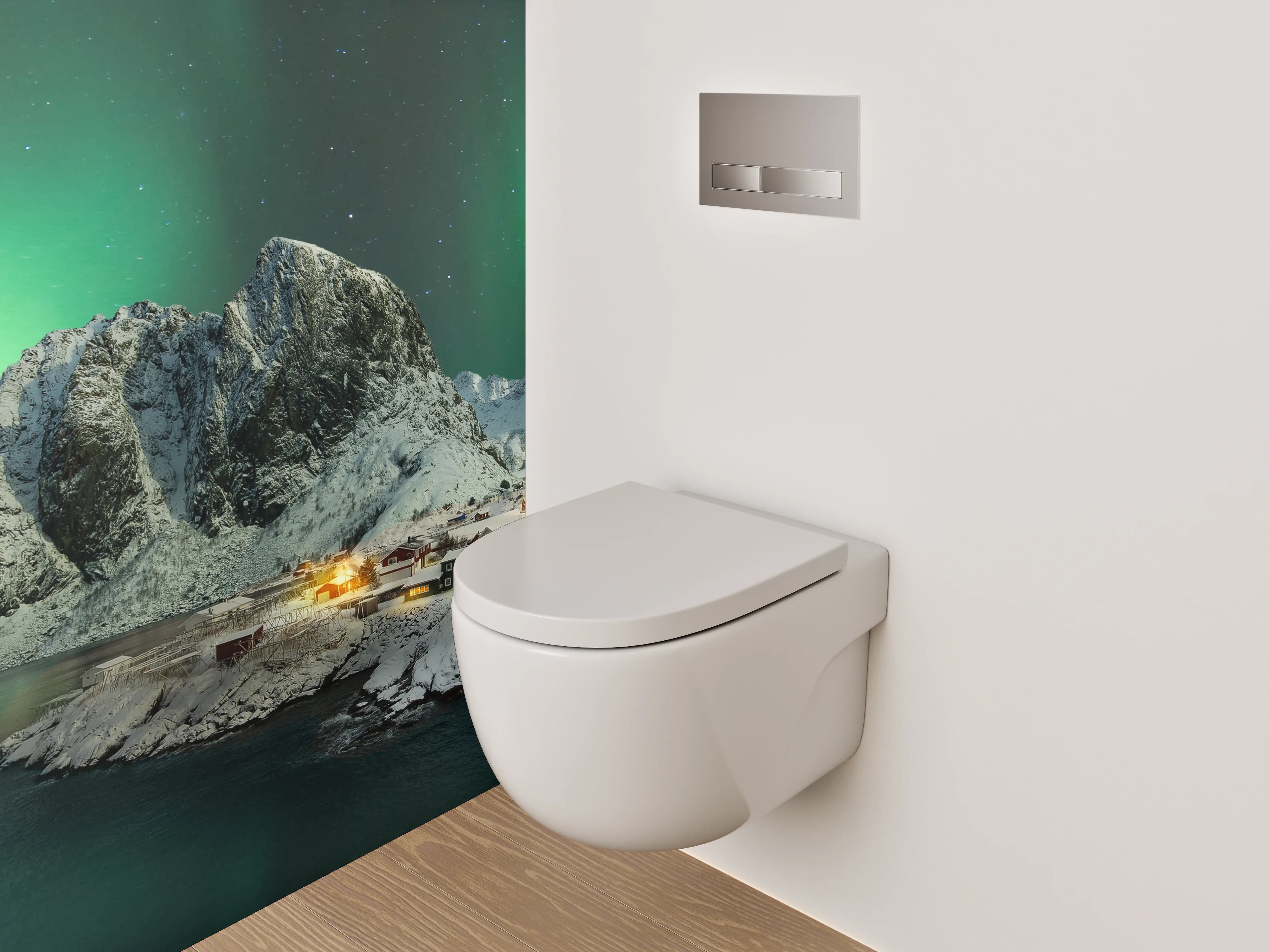 WC-Rückwand - Nordlichter über verschneiten Bergen