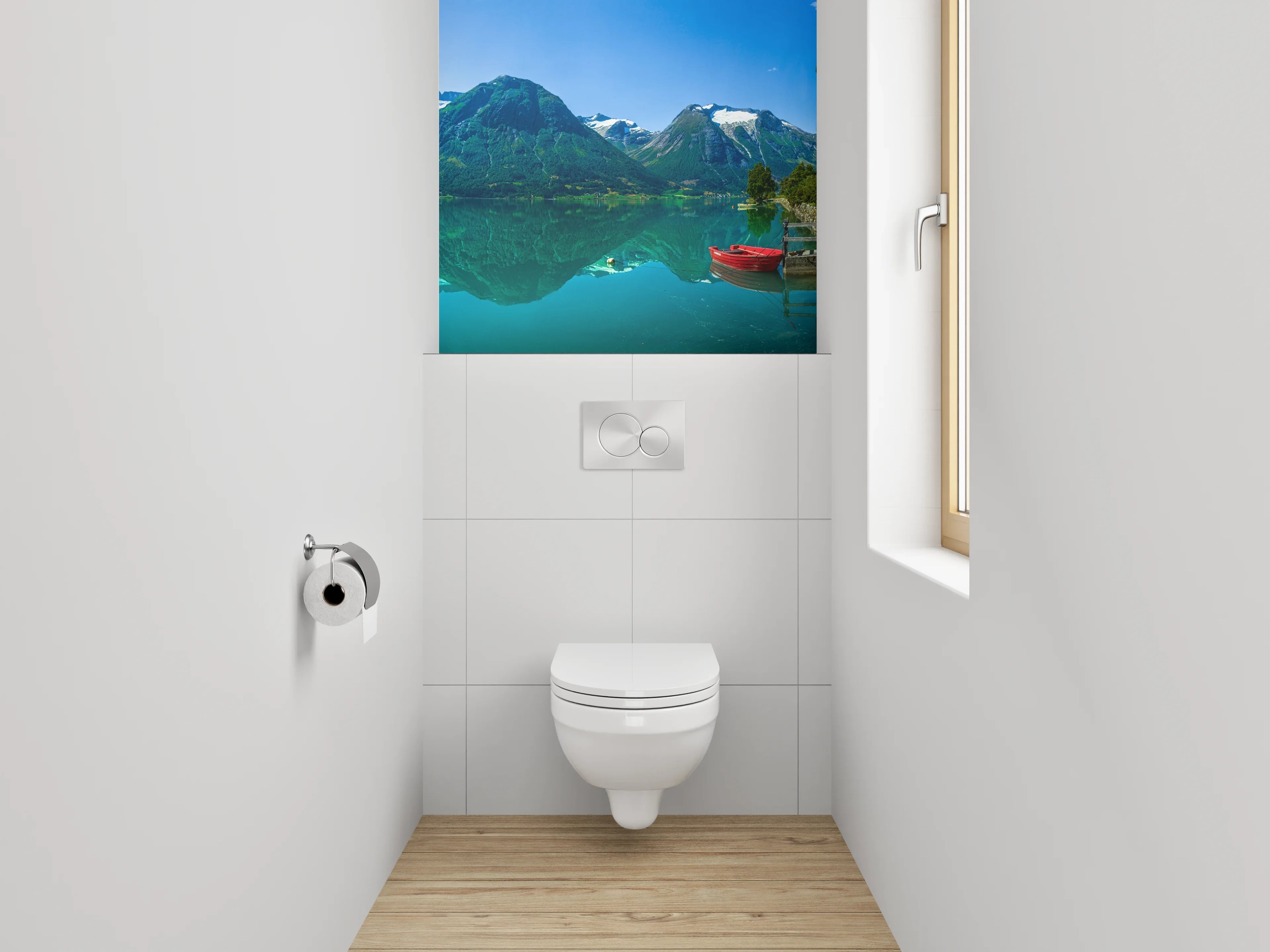 WC-Rückwand - Norwegischer Bergsee mit Booten
