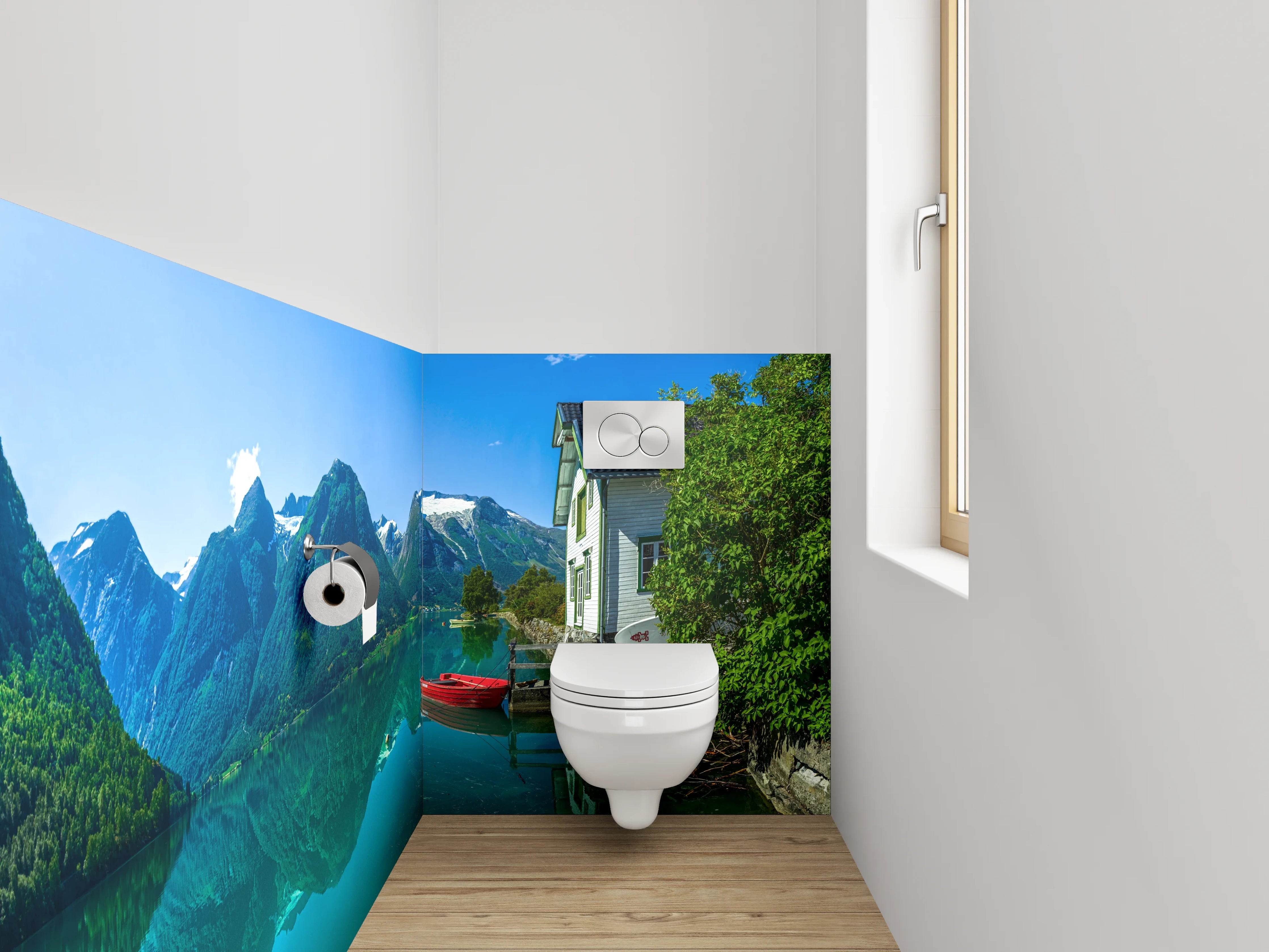 WC-Rückwand - Norwegischer Bergsee mit Booten