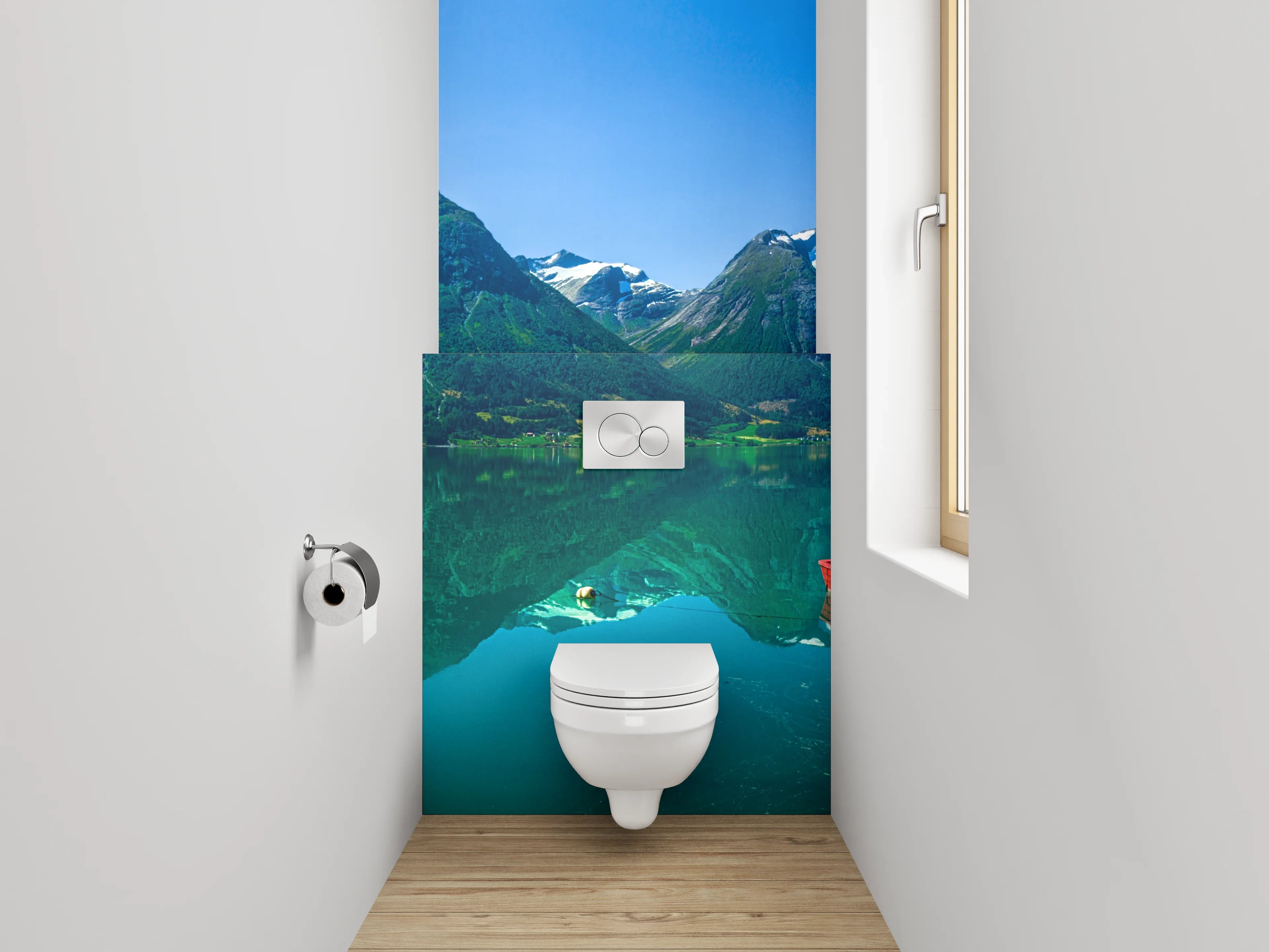 WC-Rückwand - Norwegischer Bergsee mit Booten