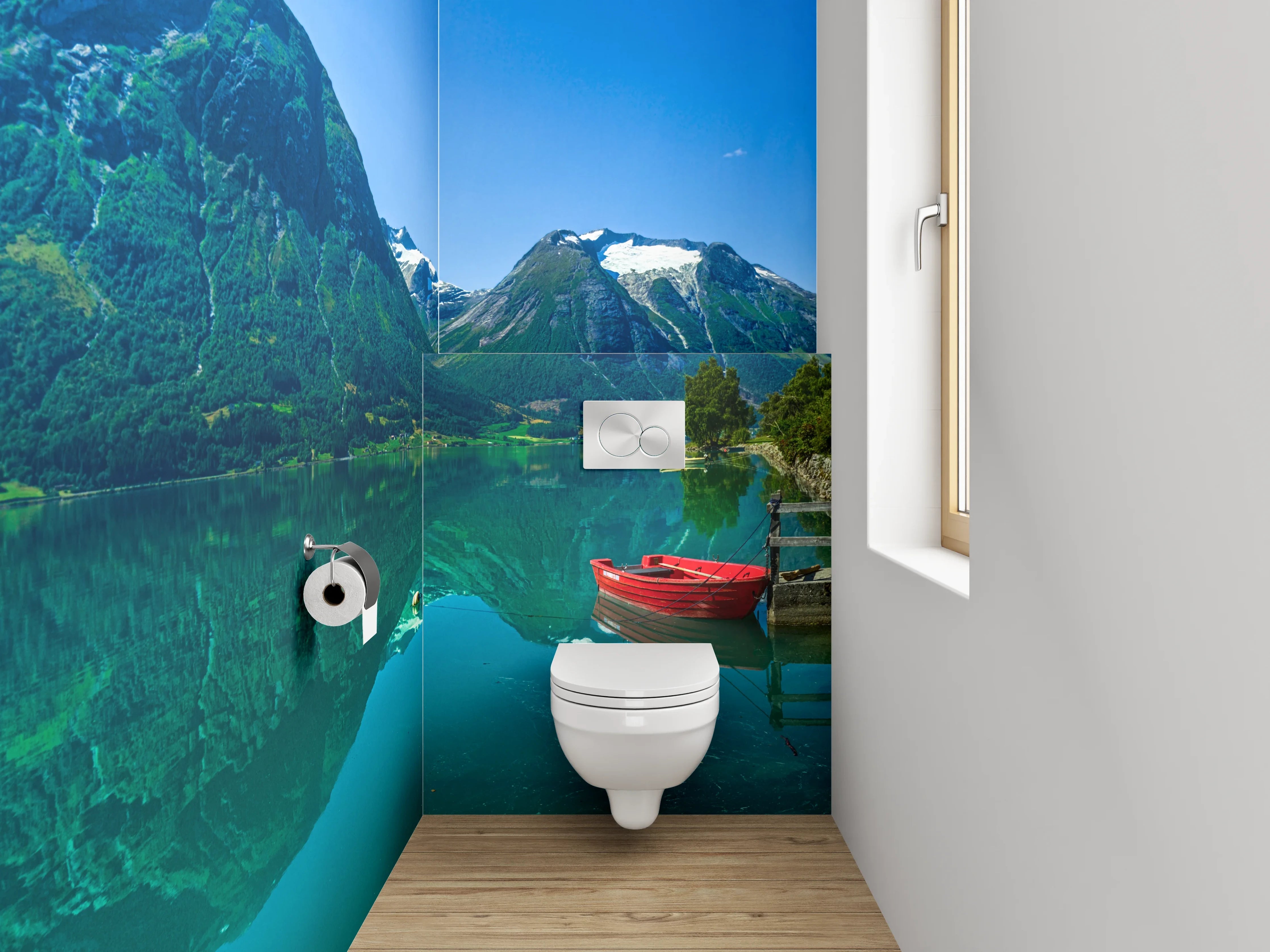 WC-Rückwand - Norwegischer Bergsee mit Booten