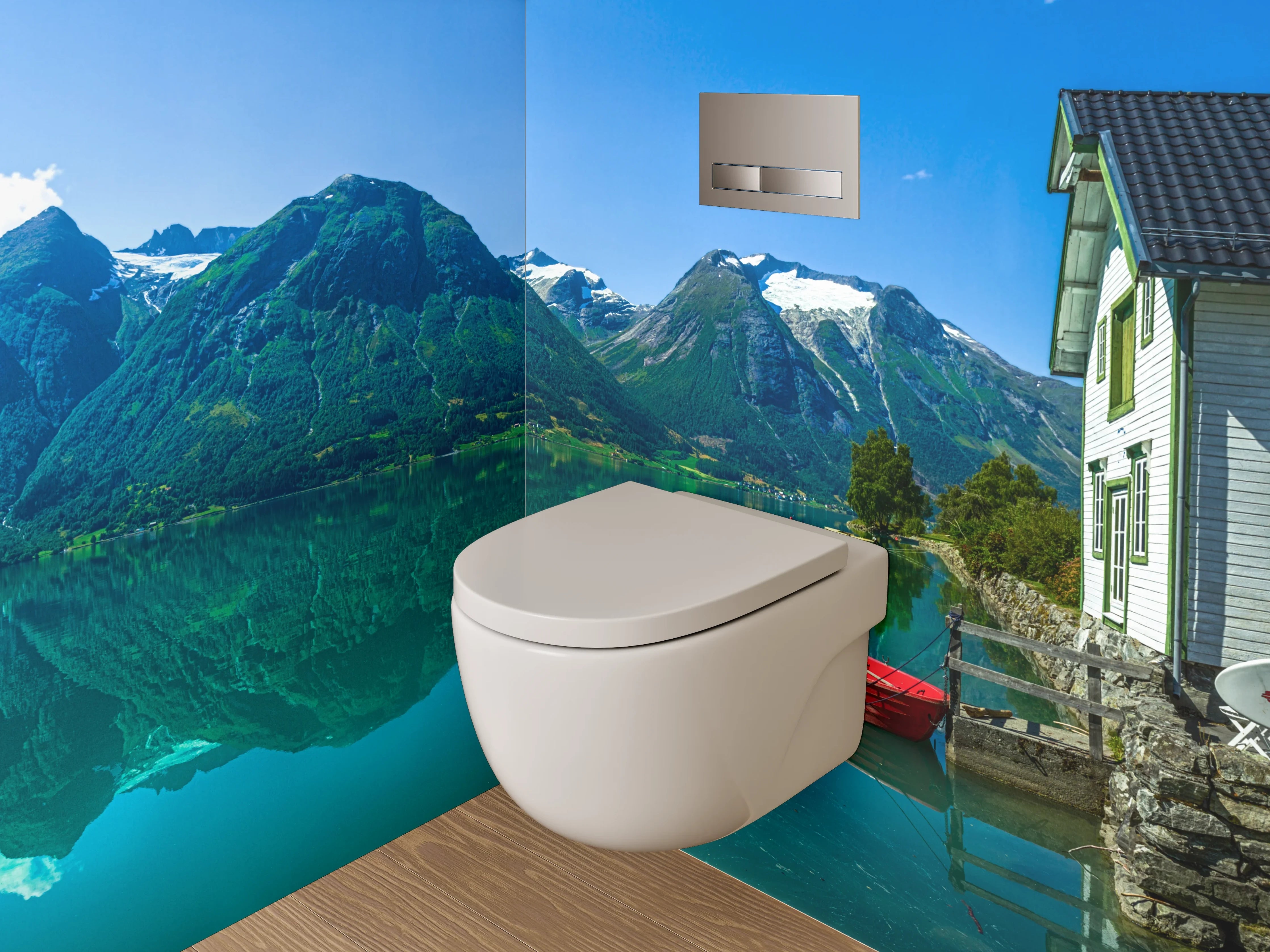 WC-Rückwand - Norwegischer Bergsee mit Booten