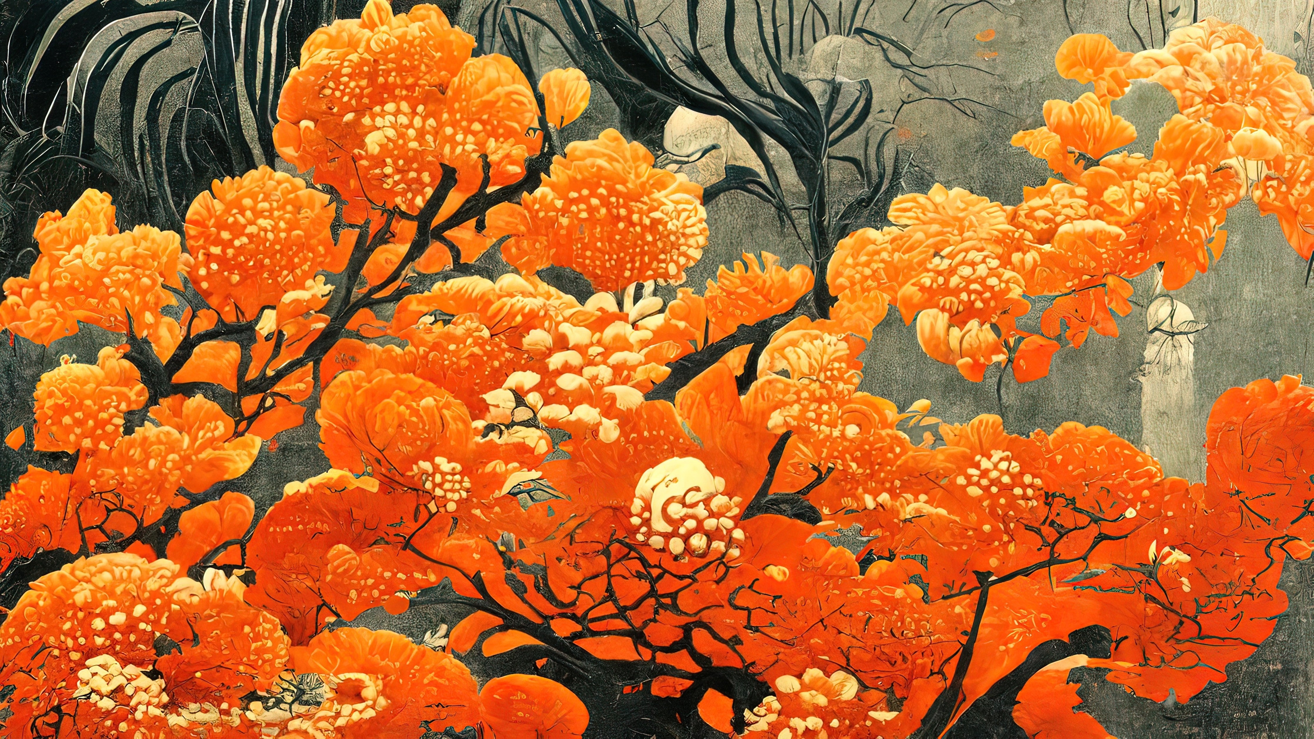 WC-Rückwand-Orange Blüten Kunst auf Grau