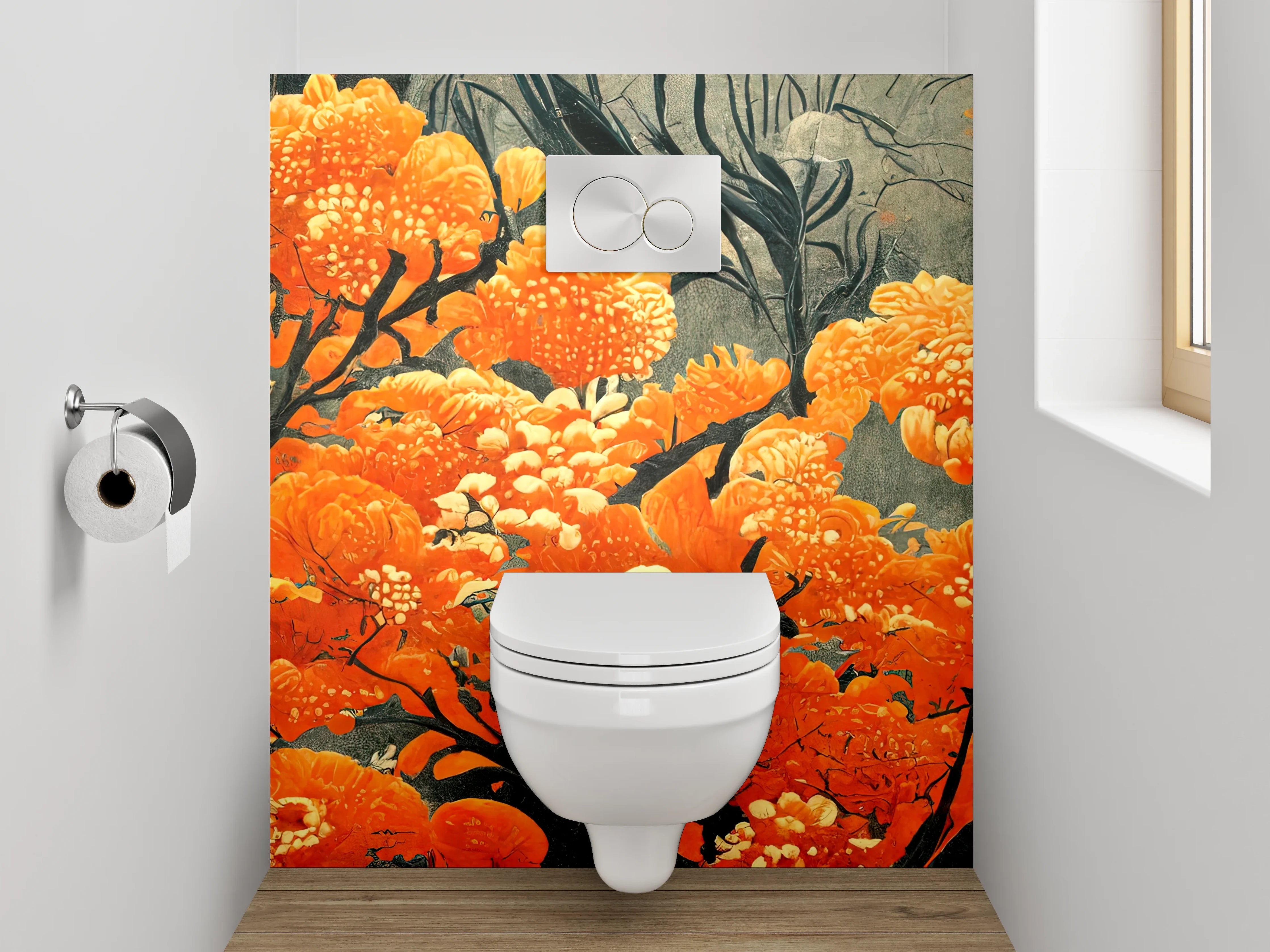 WC-Rückwand - Orange Blüten Kunst auf Grau