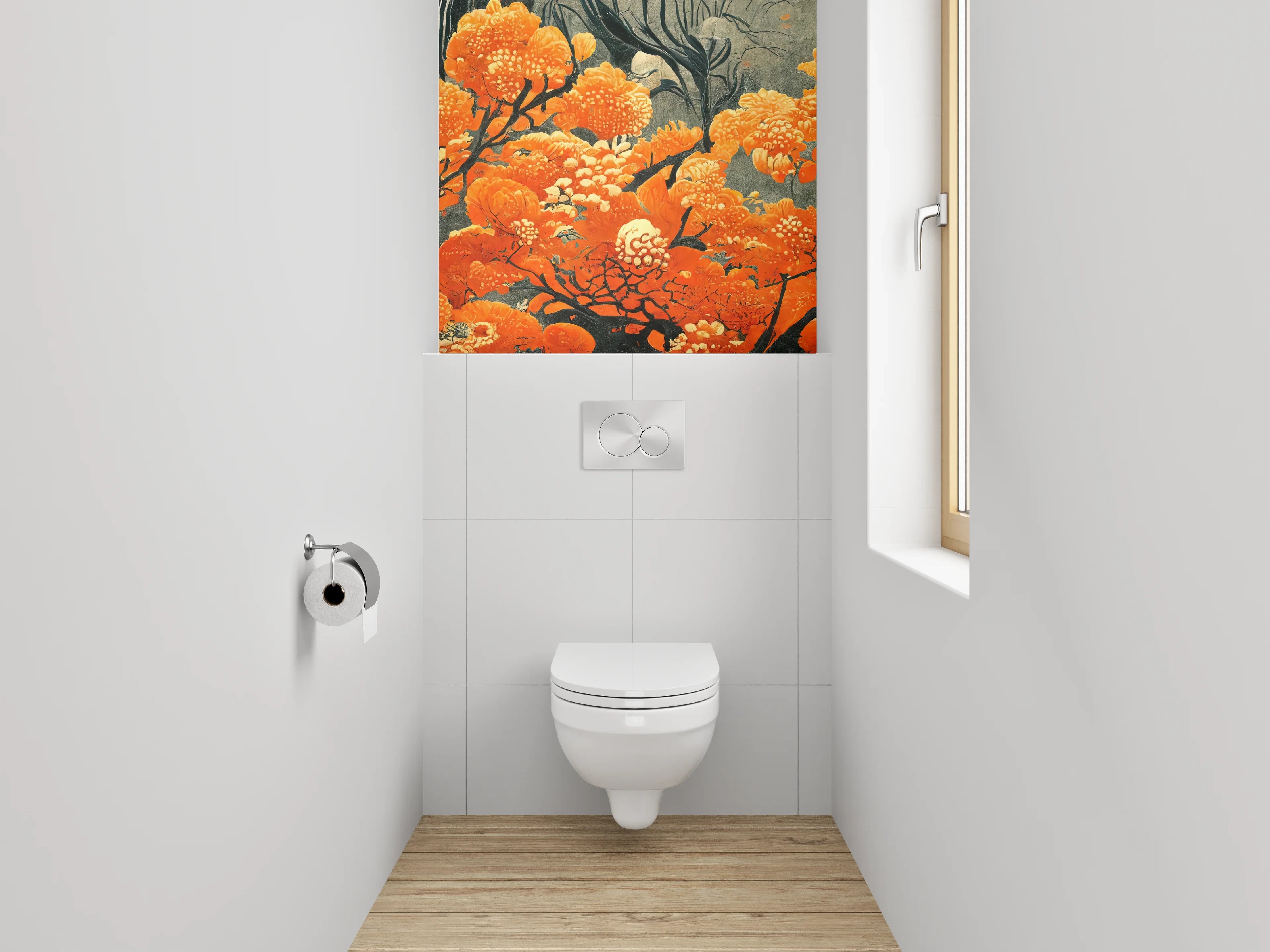 WC-Rückwand - Orange Blüten Kunst auf Grau