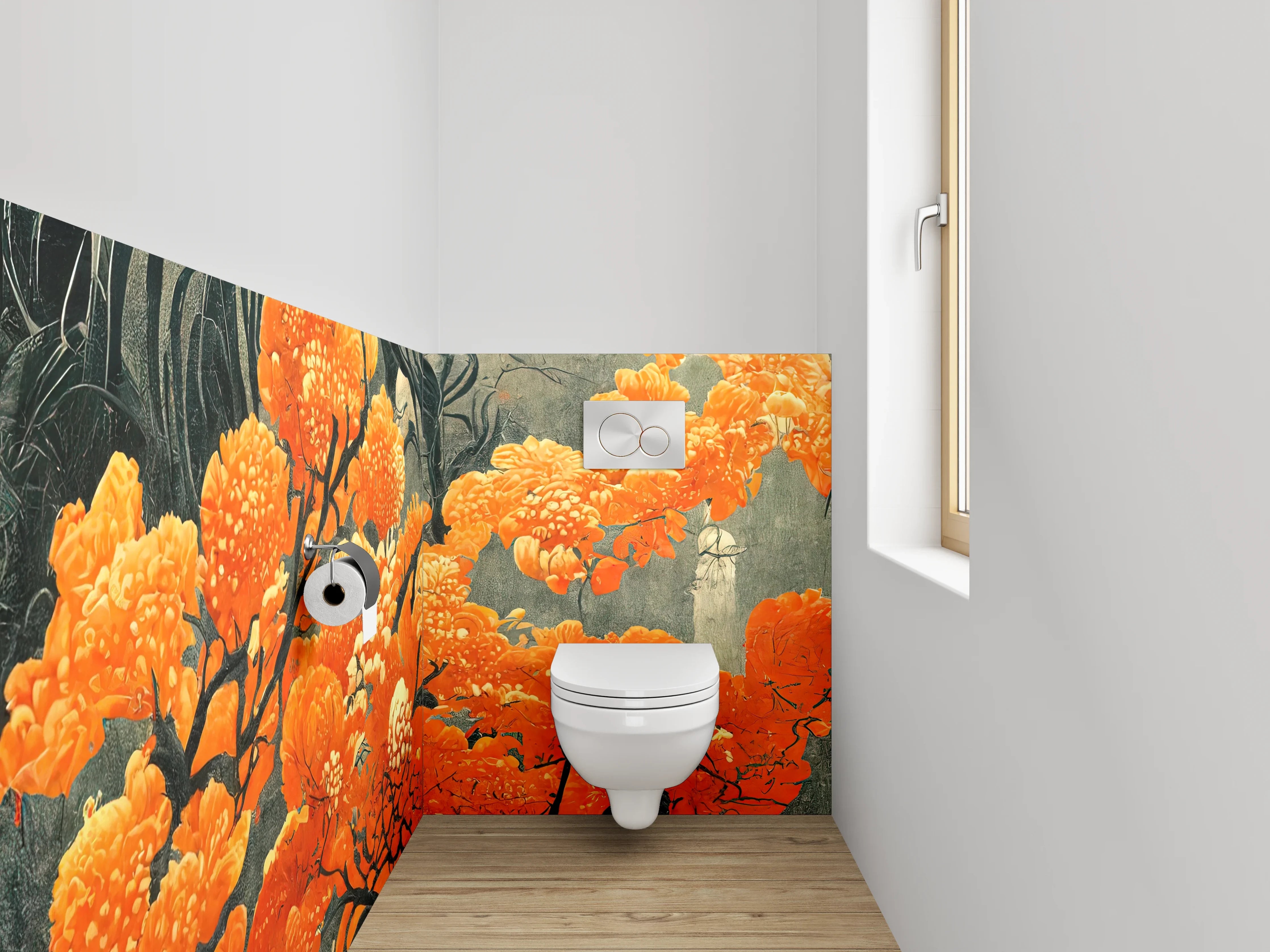 WC-Rückwand - Orange Blüten Kunst auf Grau