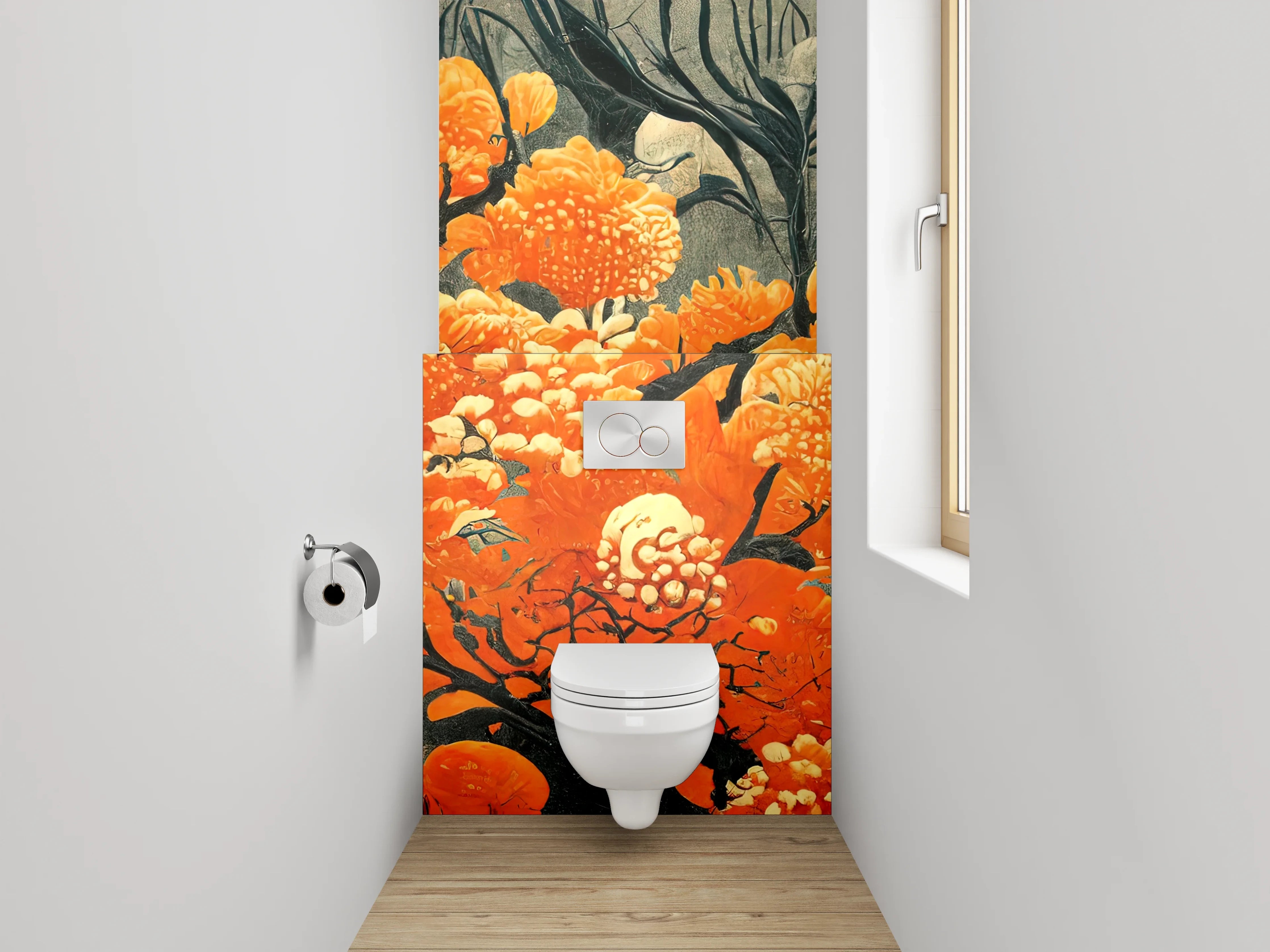 WC-Rückwand - Orange Blüten Kunst auf Grau