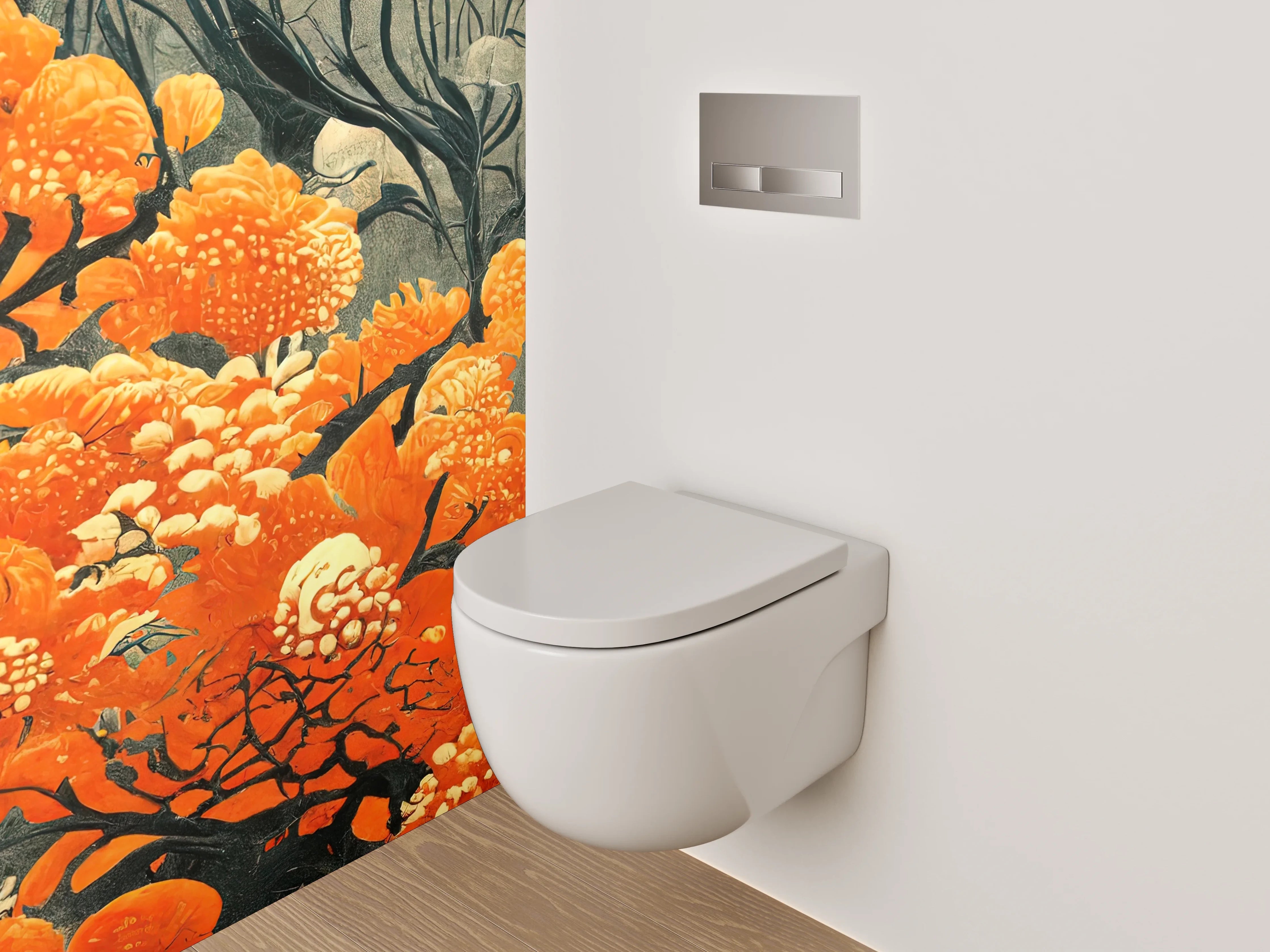 WC-Rückwand - Orange Blüten Kunst auf Grau