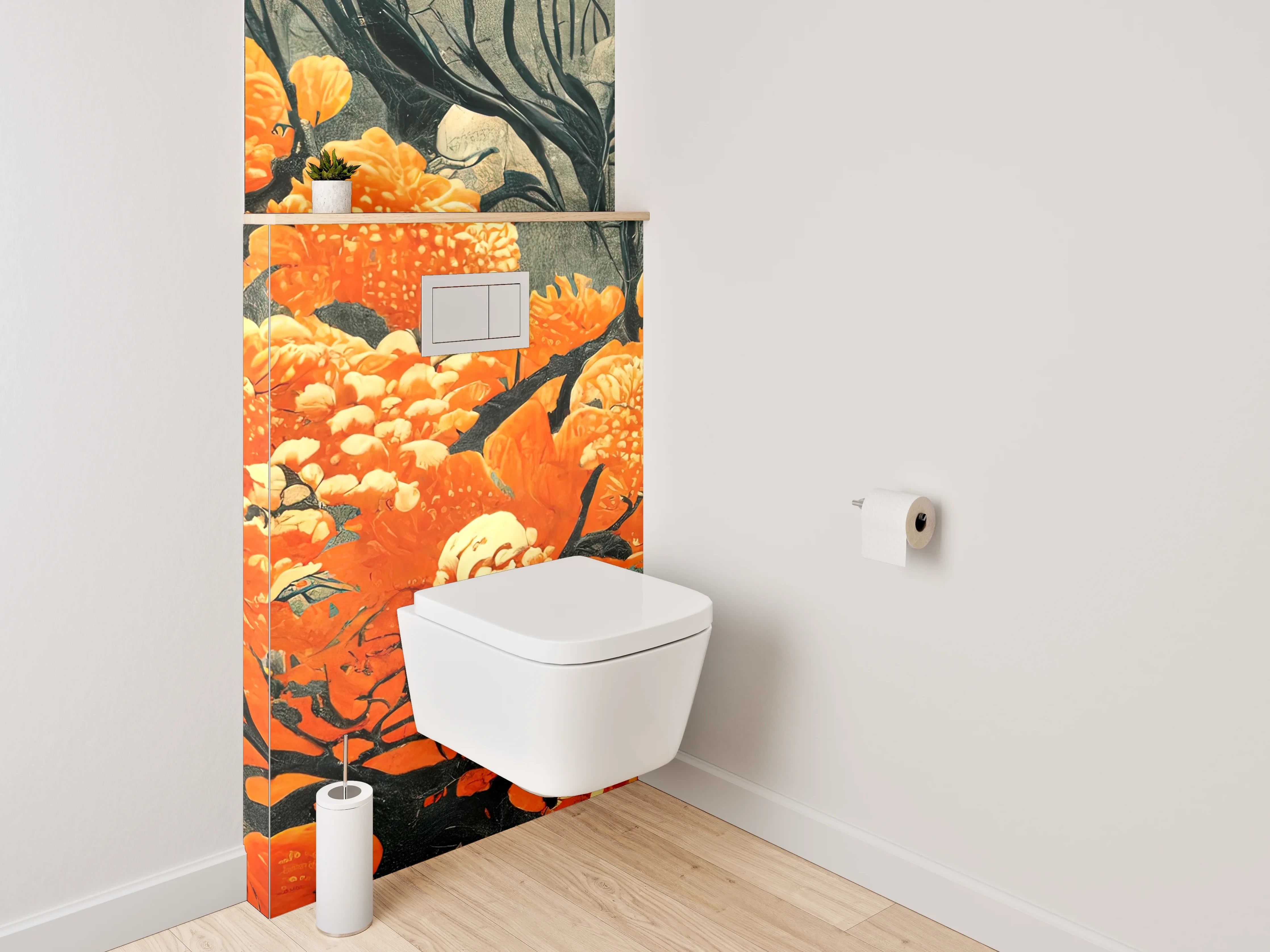 WC-Rückwand - Orange Blüten Kunst auf Grau