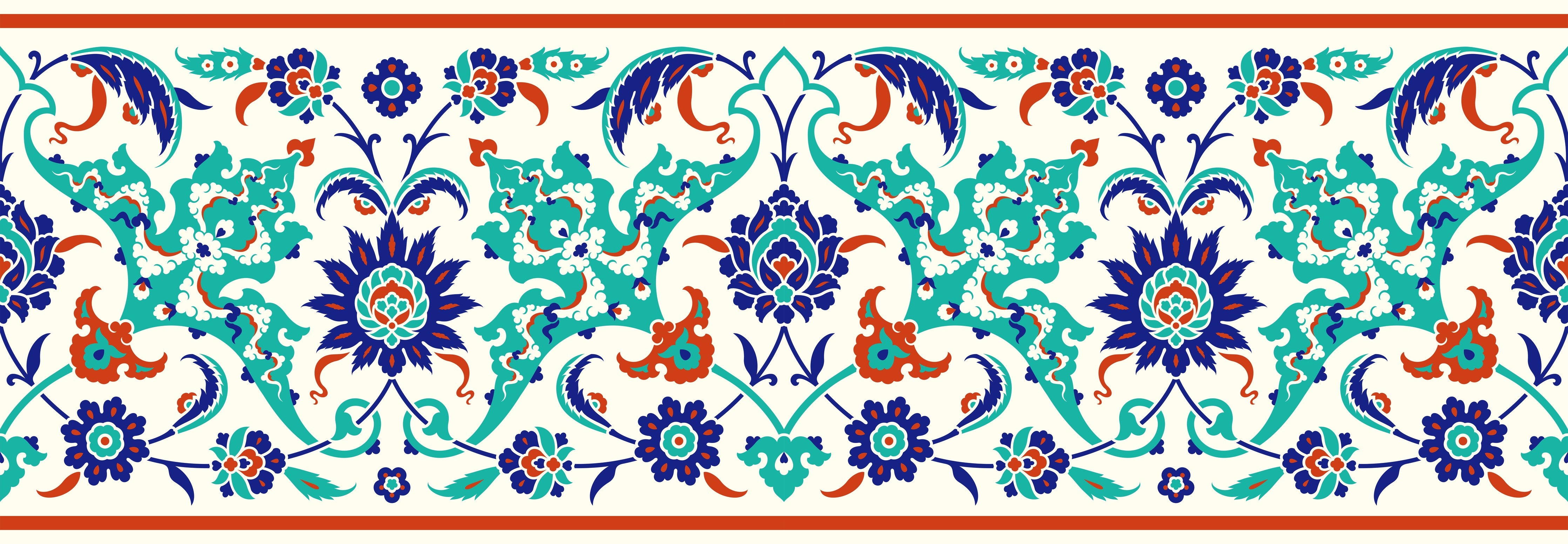 WC-Rückwand-Orientalische Blumenbordüre Türkis-Blau