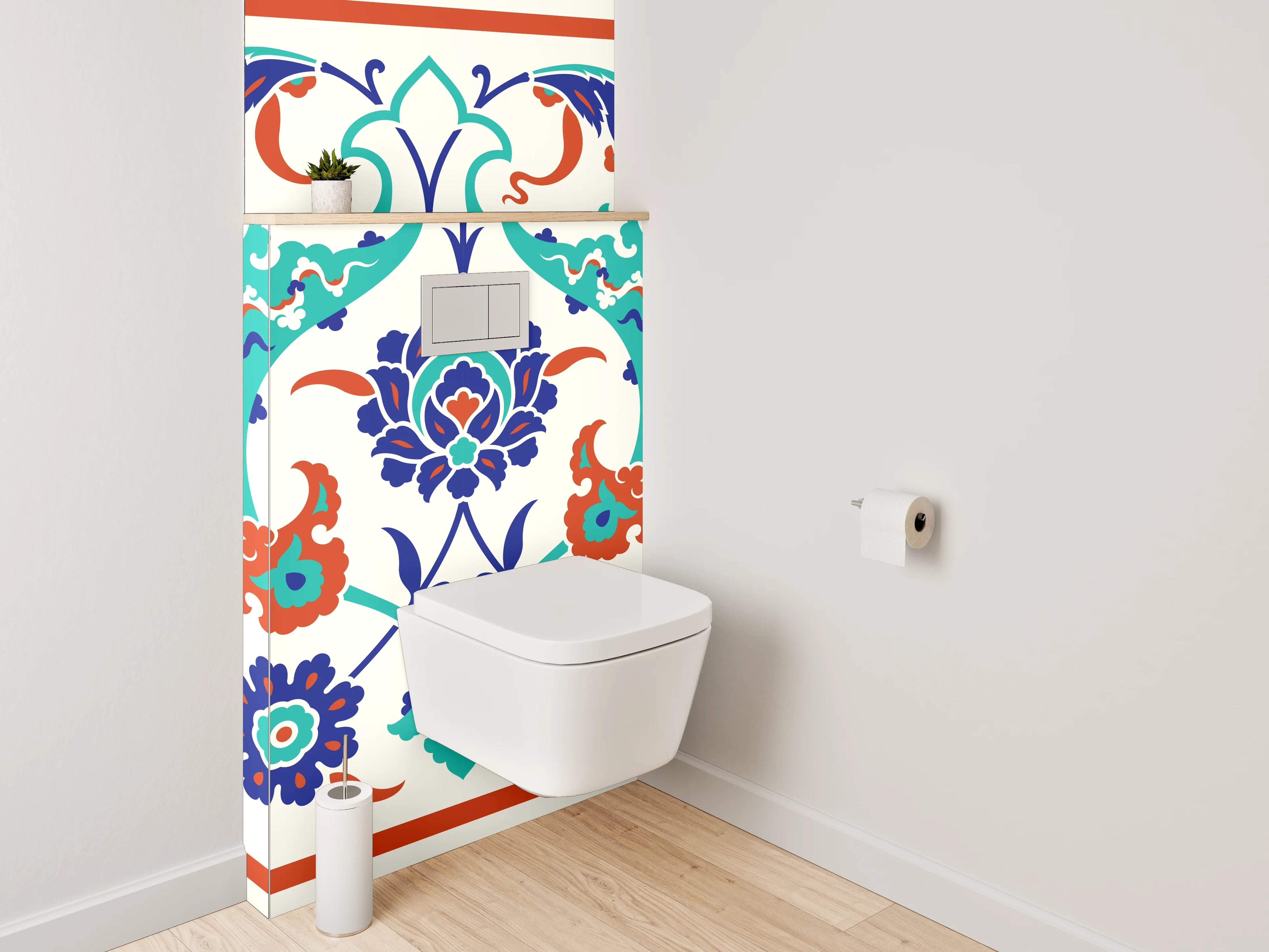 WC-Rückwand - Orientalische Blumenbordüre Türkis-Blau