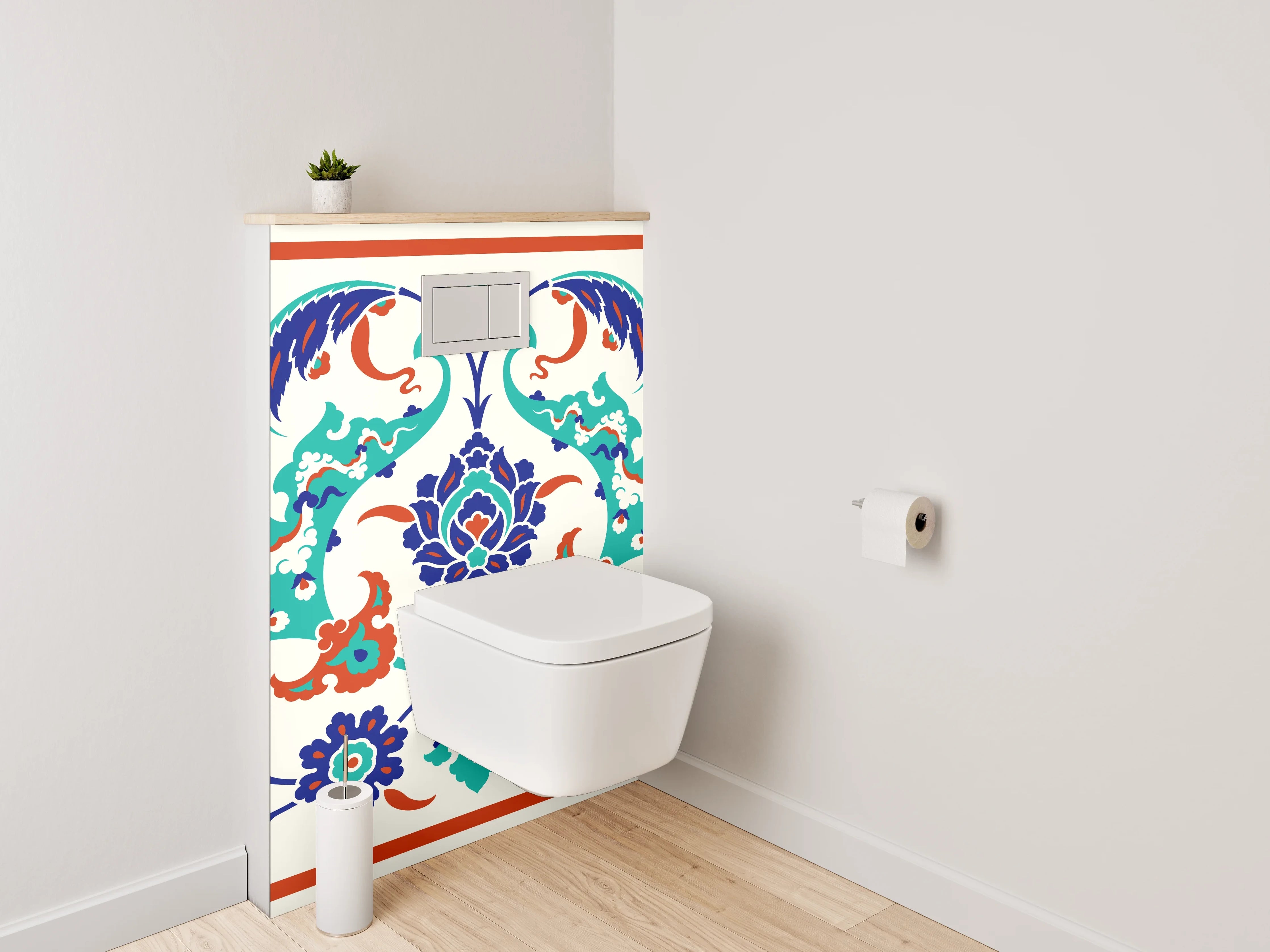 WC-Rückwand - Orientalische Blumenbordüre Türkis-Blau