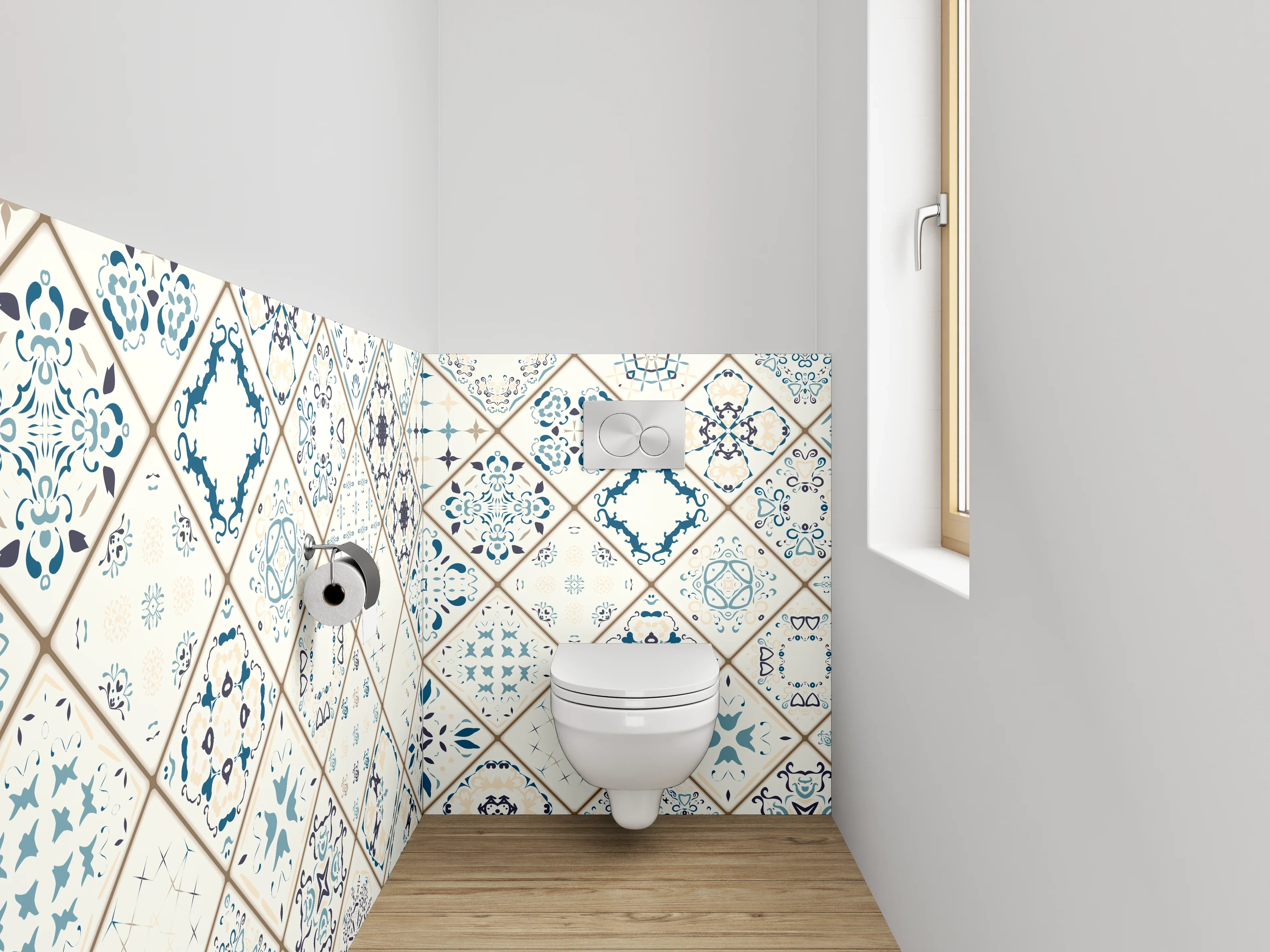 WC-Rückwand - Orientalische Fliesenmuster Blau Weiß