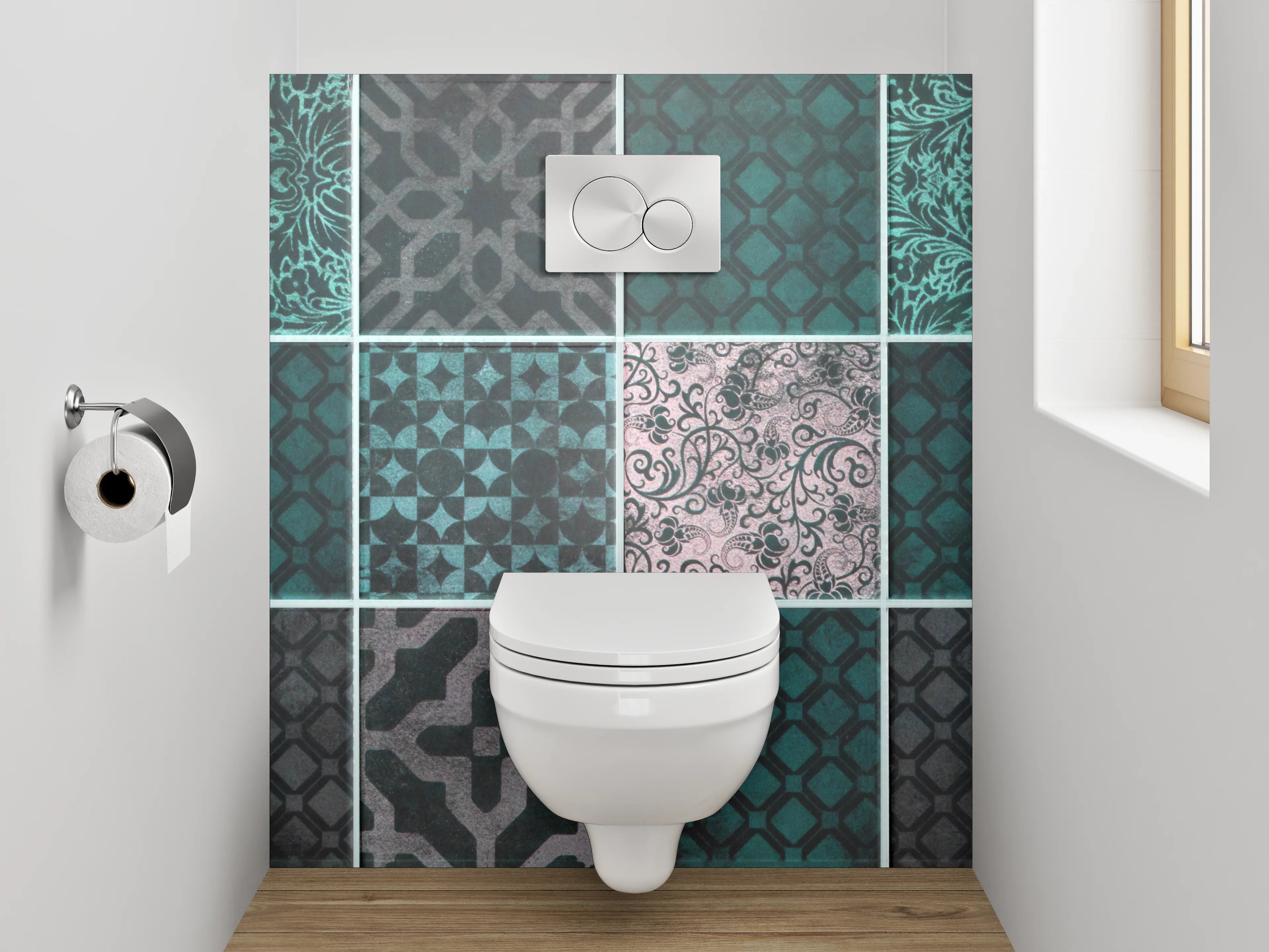 WC-Rückwand - Orientalische Fliesenmuster in Türkis und Grau