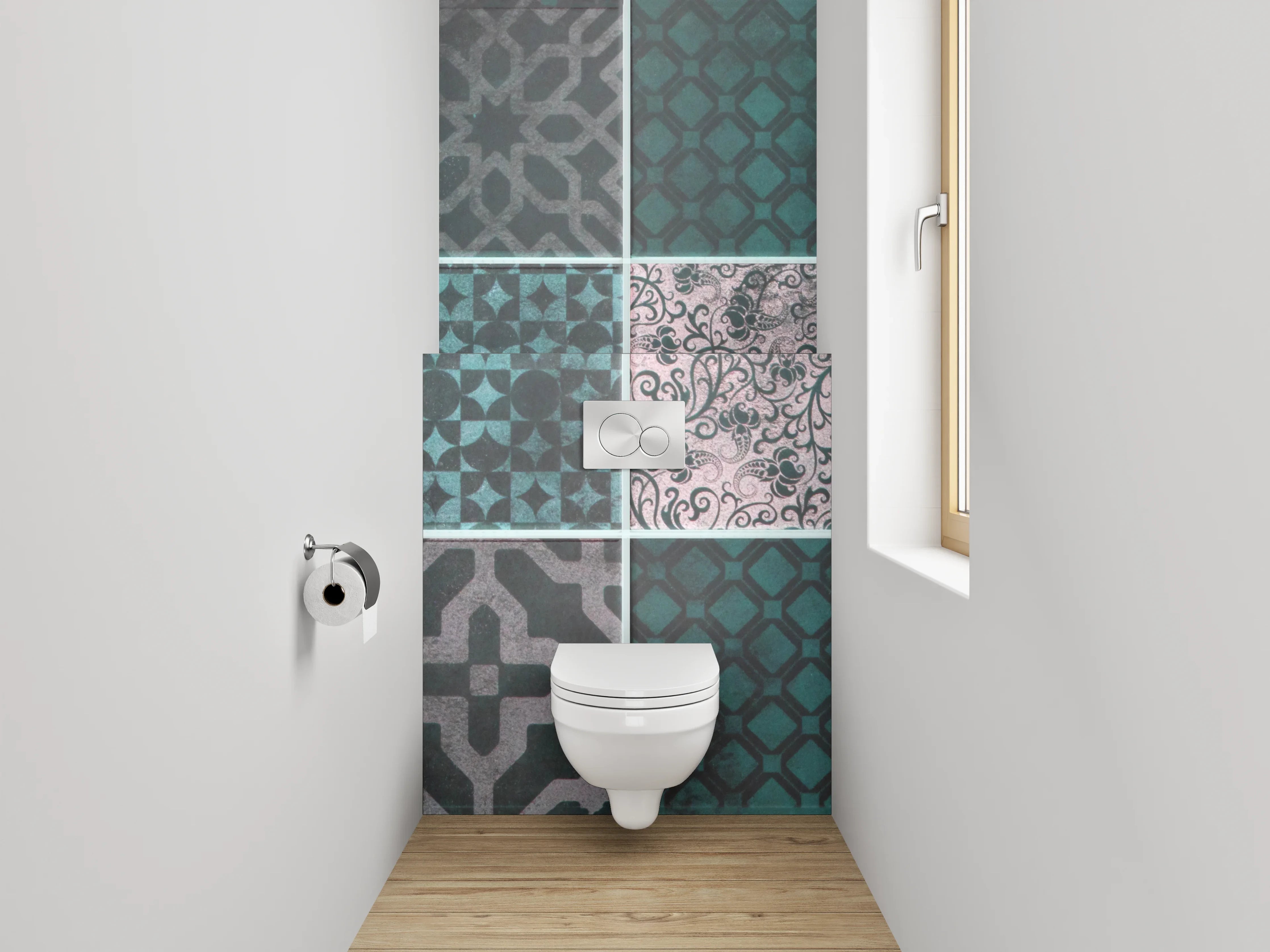 WC-Rückwand - Orientalische Fliesenmuster in Türkis und Grau