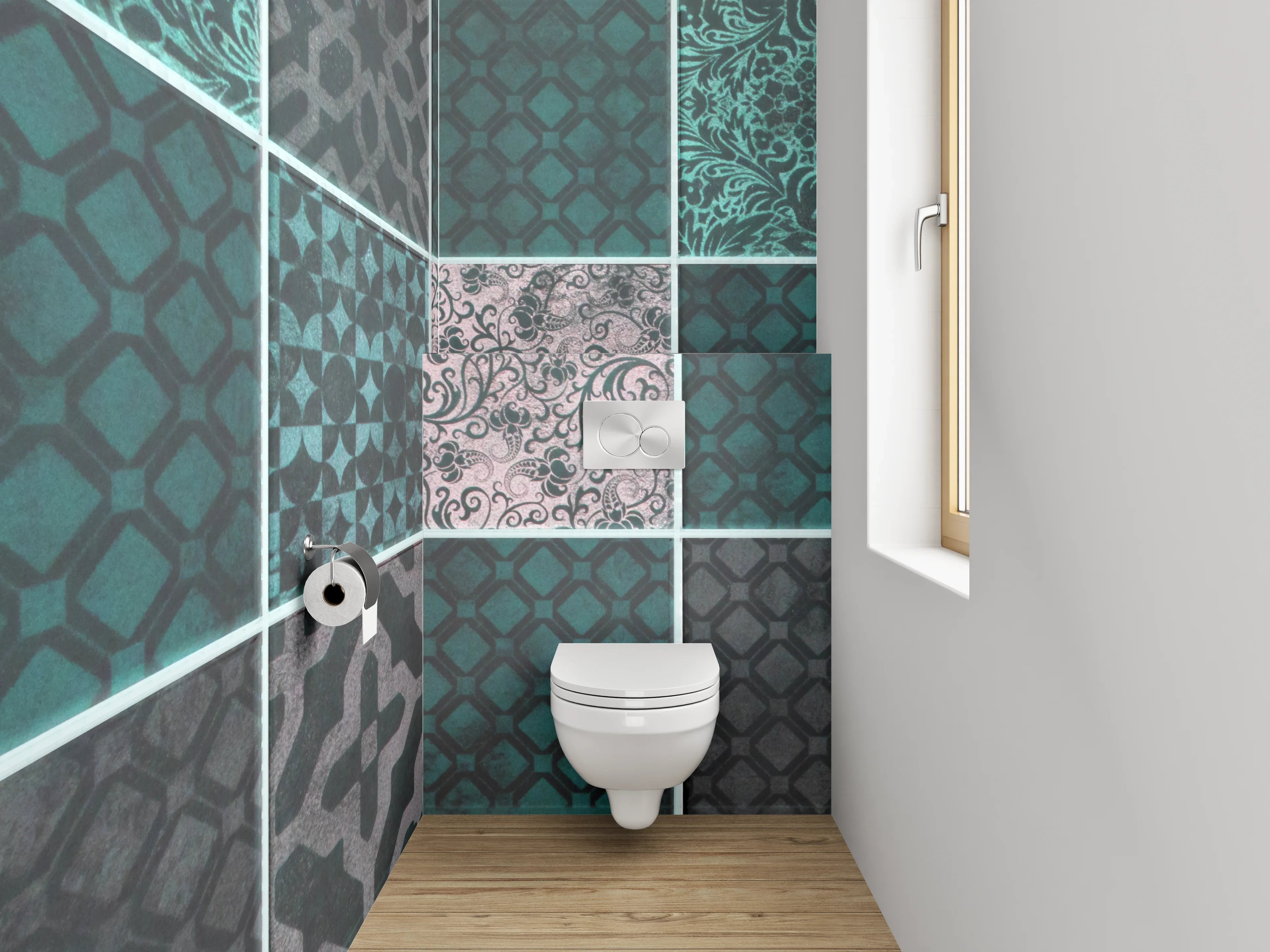 WC-Rückwand - Orientalische Fliesenmuster in Türkis und Grau