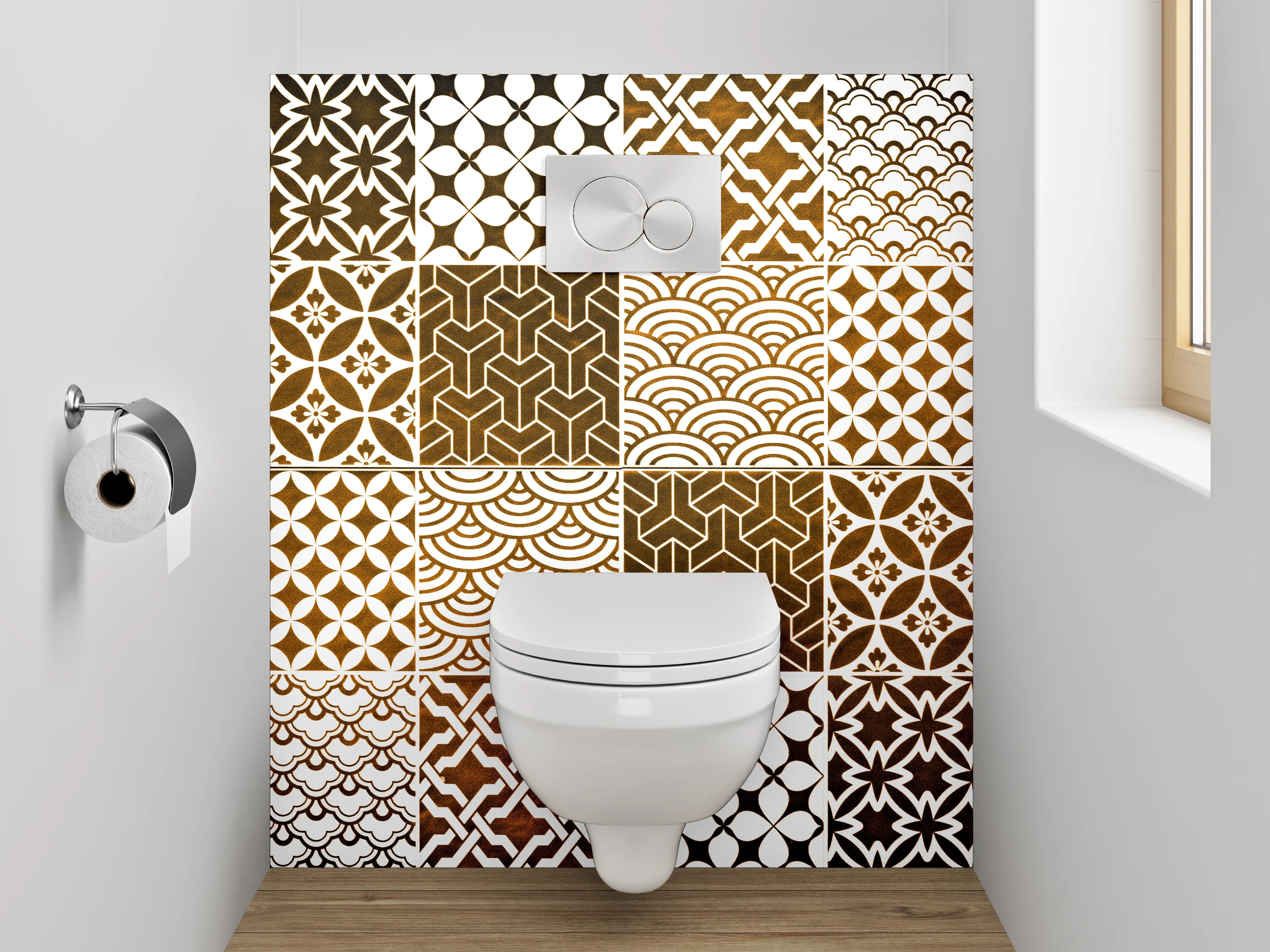 WC-Rückwand - Orientalische Mosaik Fliesenmuster Braun Weiß