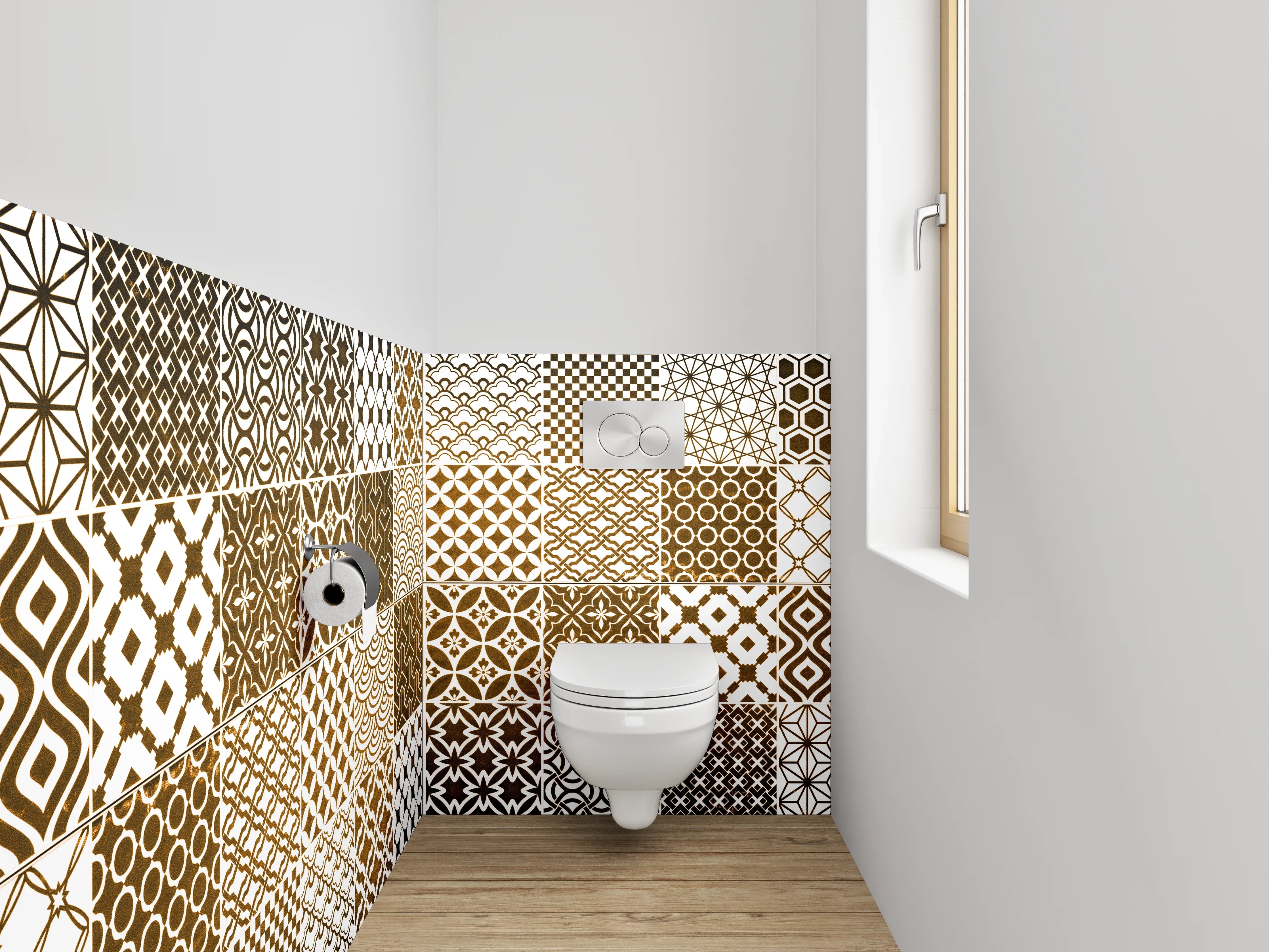 WC-Rückwand - Orientalische Mosaik Fliesenmuster Braun Weiß