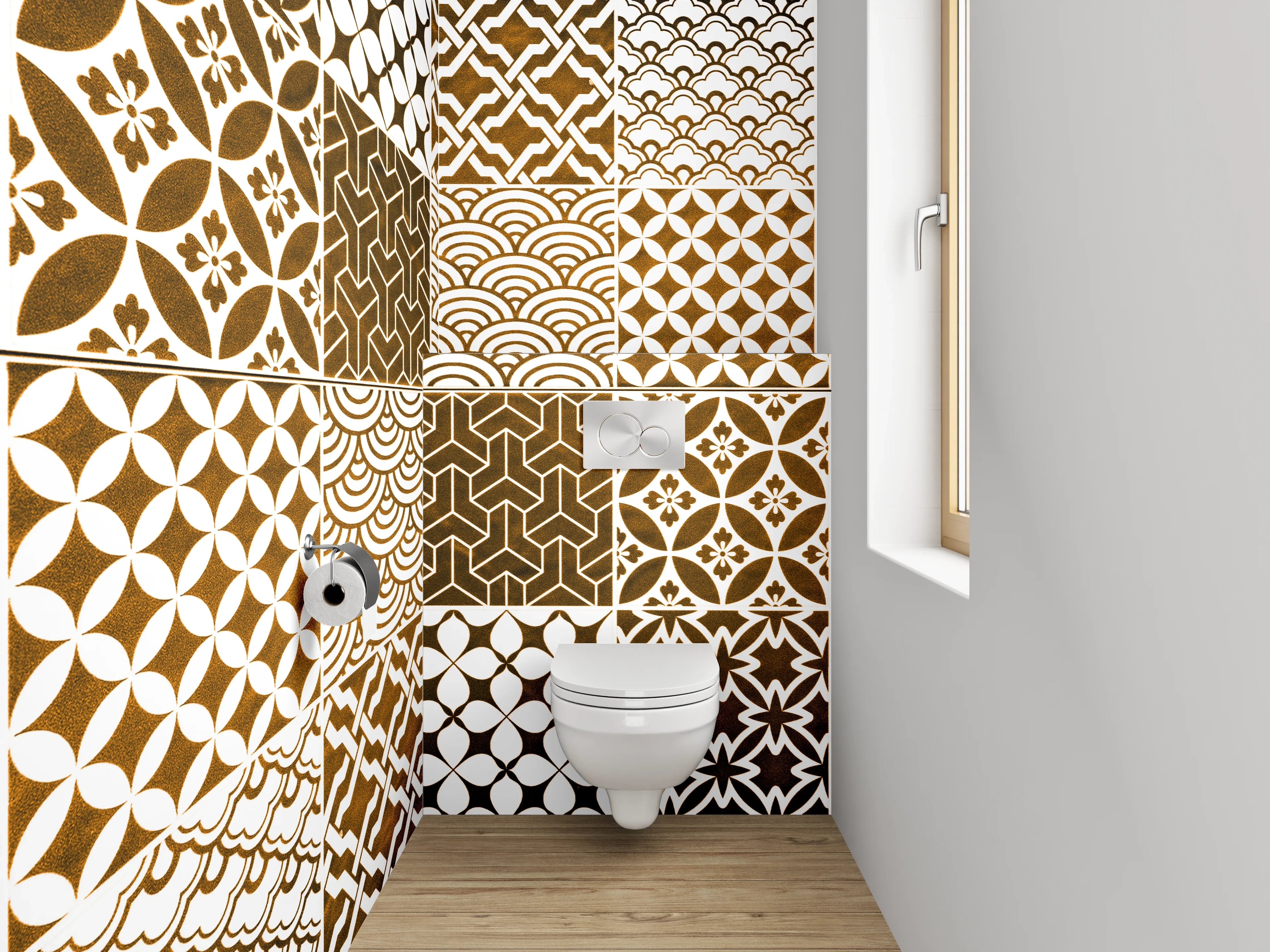 WC-Rückwand - Orientalische Mosaik Fliesenmuster Braun Weiß