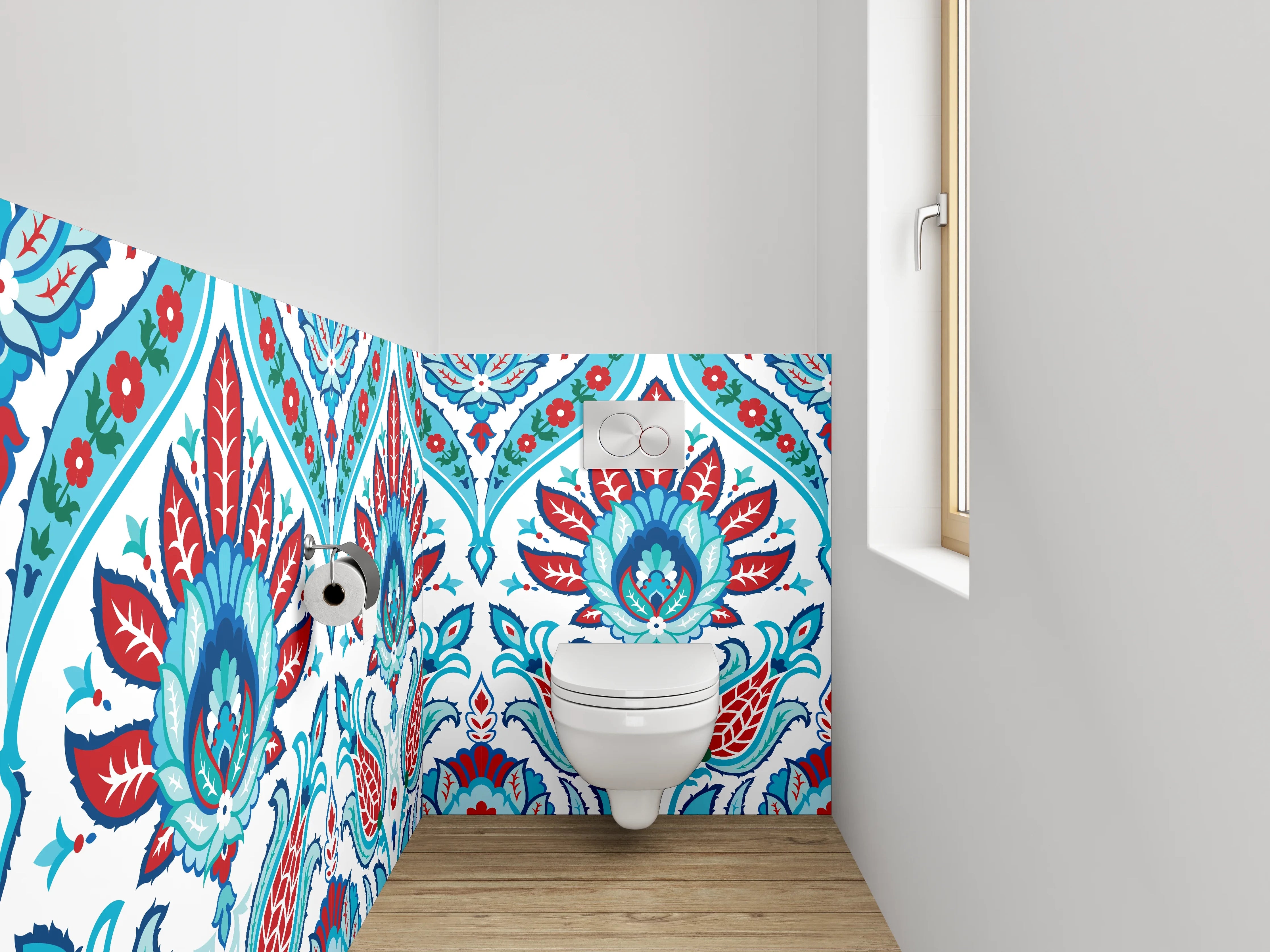 WC-Rückwand - Orientalisches Blütenmuster Rot Blau Türkis