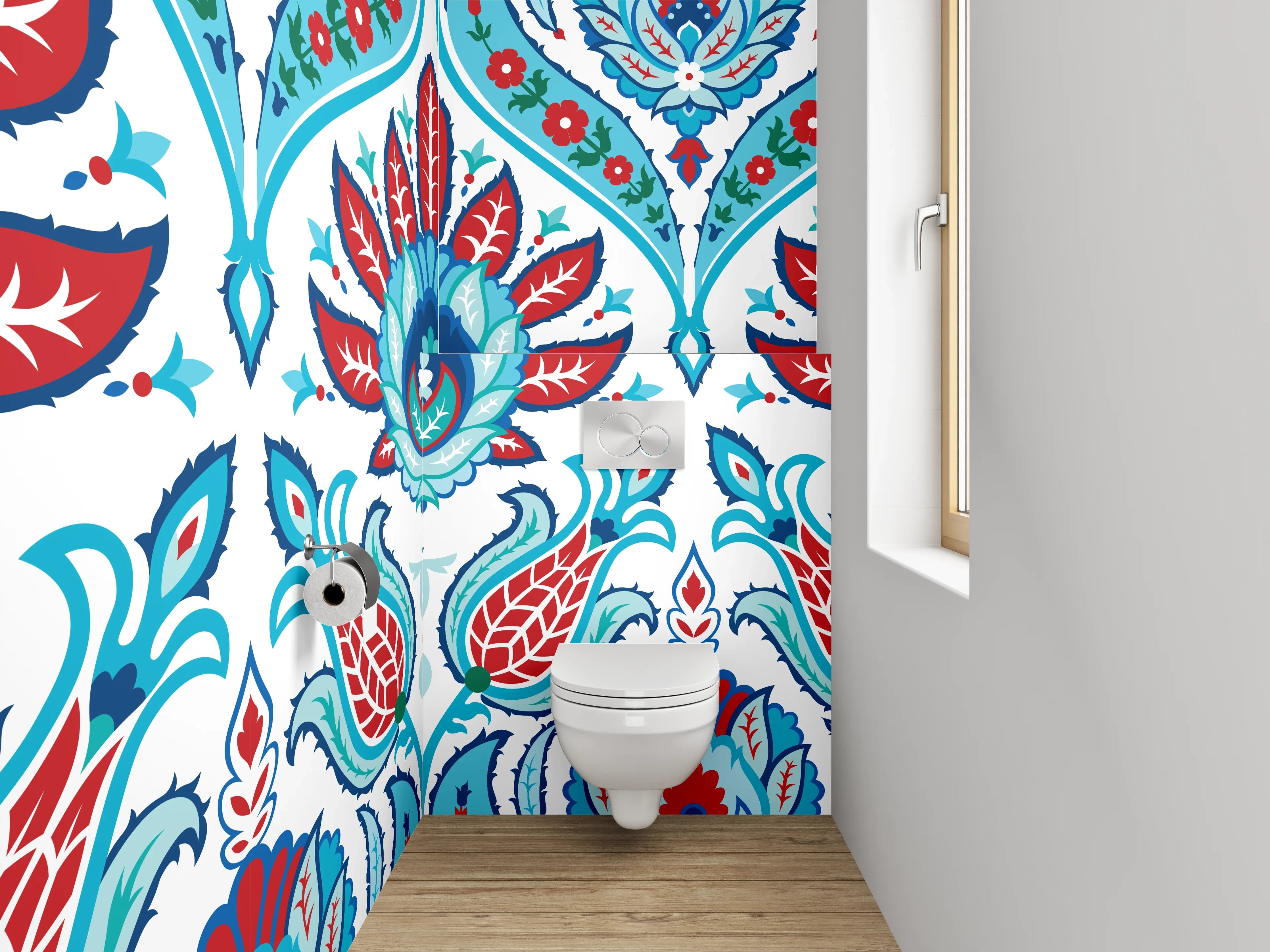 WC-Rückwand - Orientalisches Blütenmuster Rot Blau Türkis