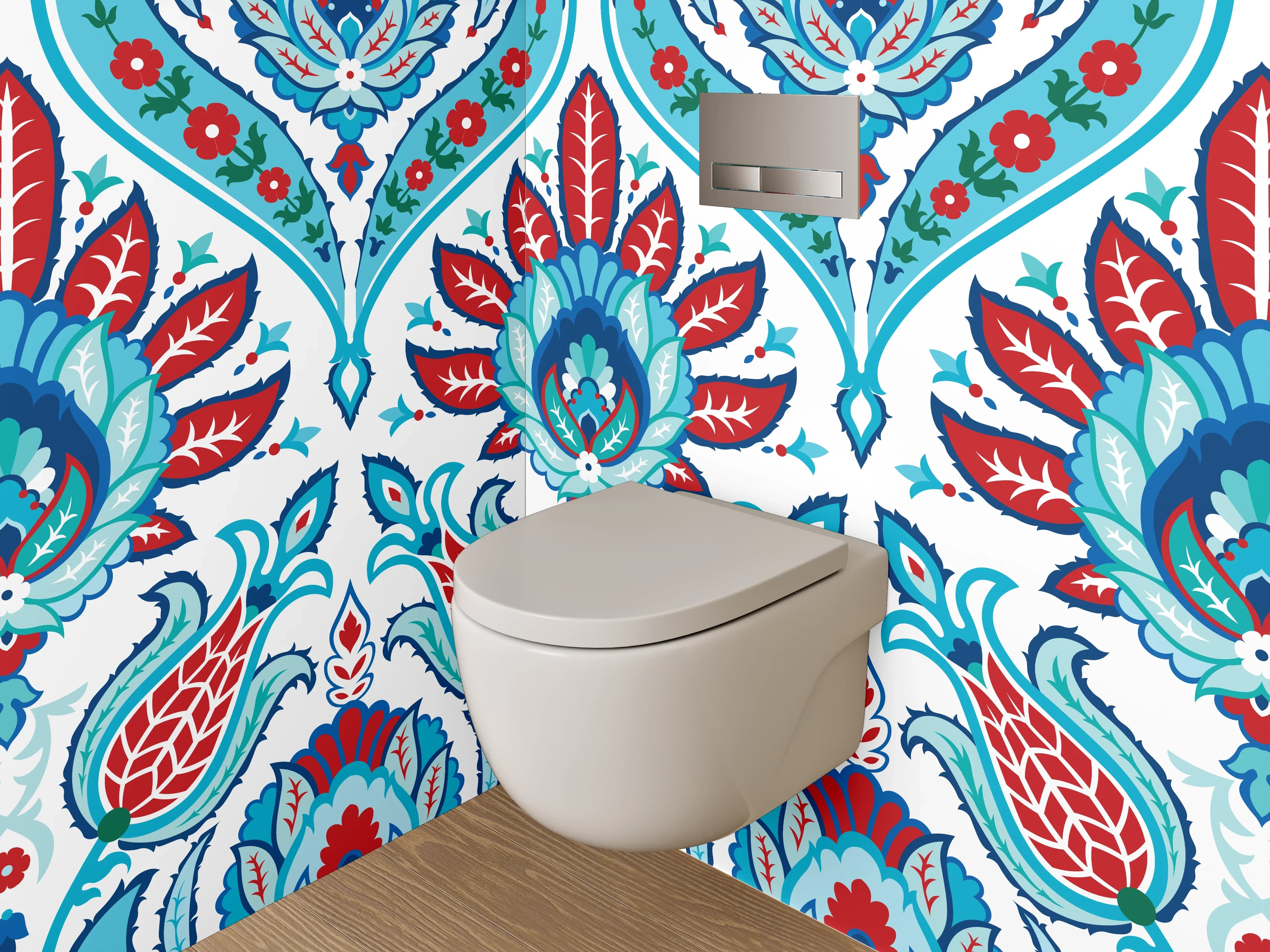 WC-Rückwand - Orientalisches Blütenmuster Rot Blau Türkis