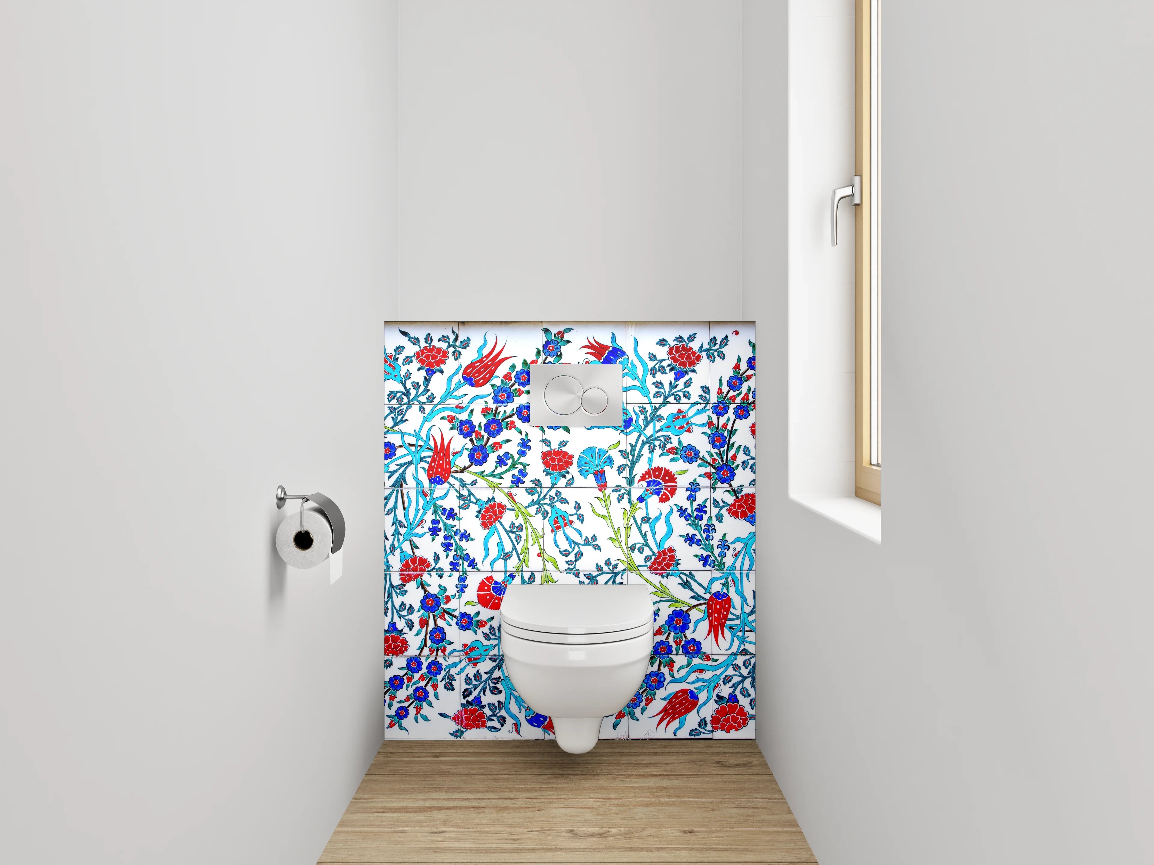 WC-Rückwand - Orientalisches Blumenmuster Mosaikfliesen Blau Rot