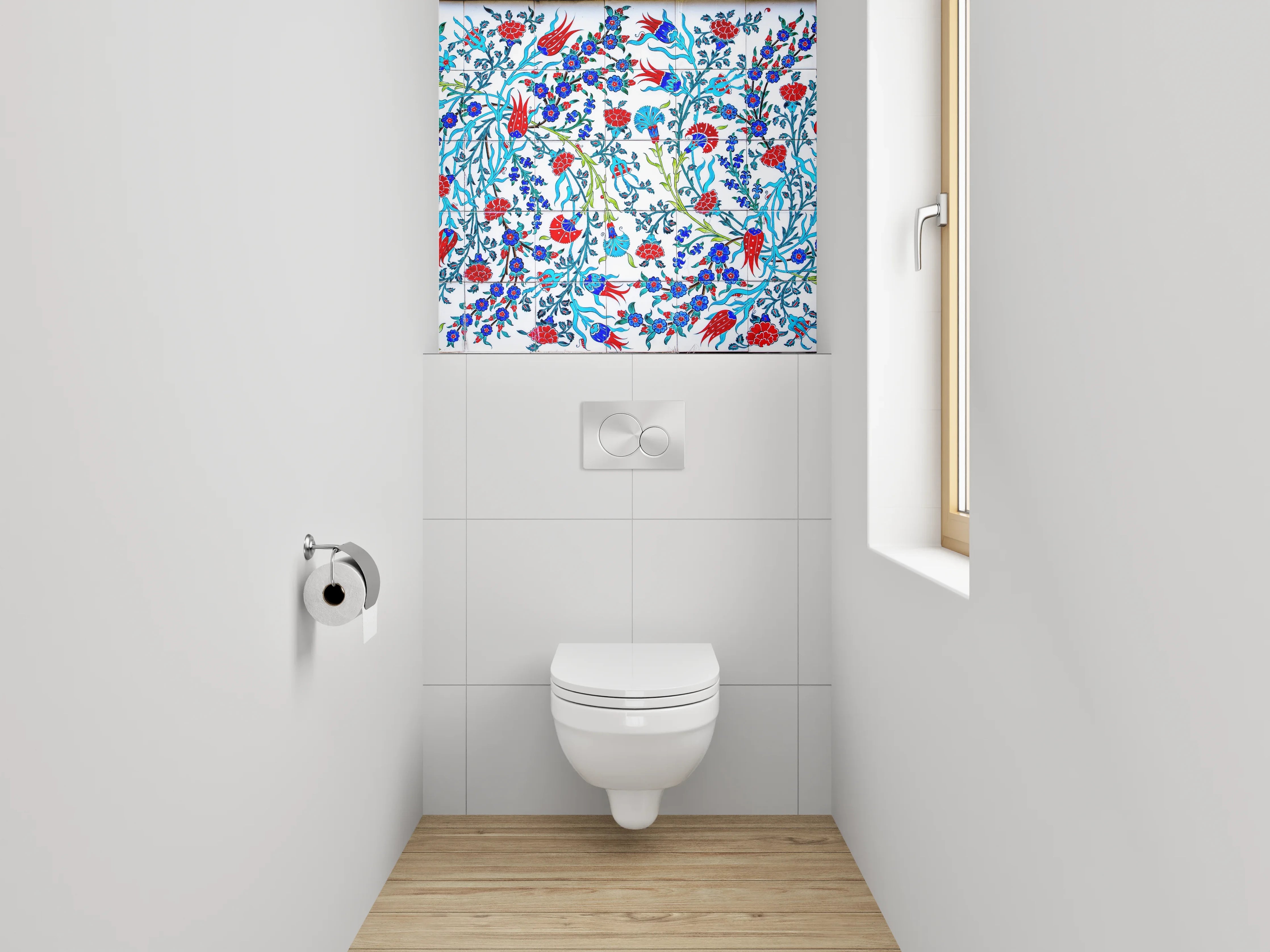 WC-Rückwand - Orientalisches Blumenmuster Mosaikfliesen Blau Rot