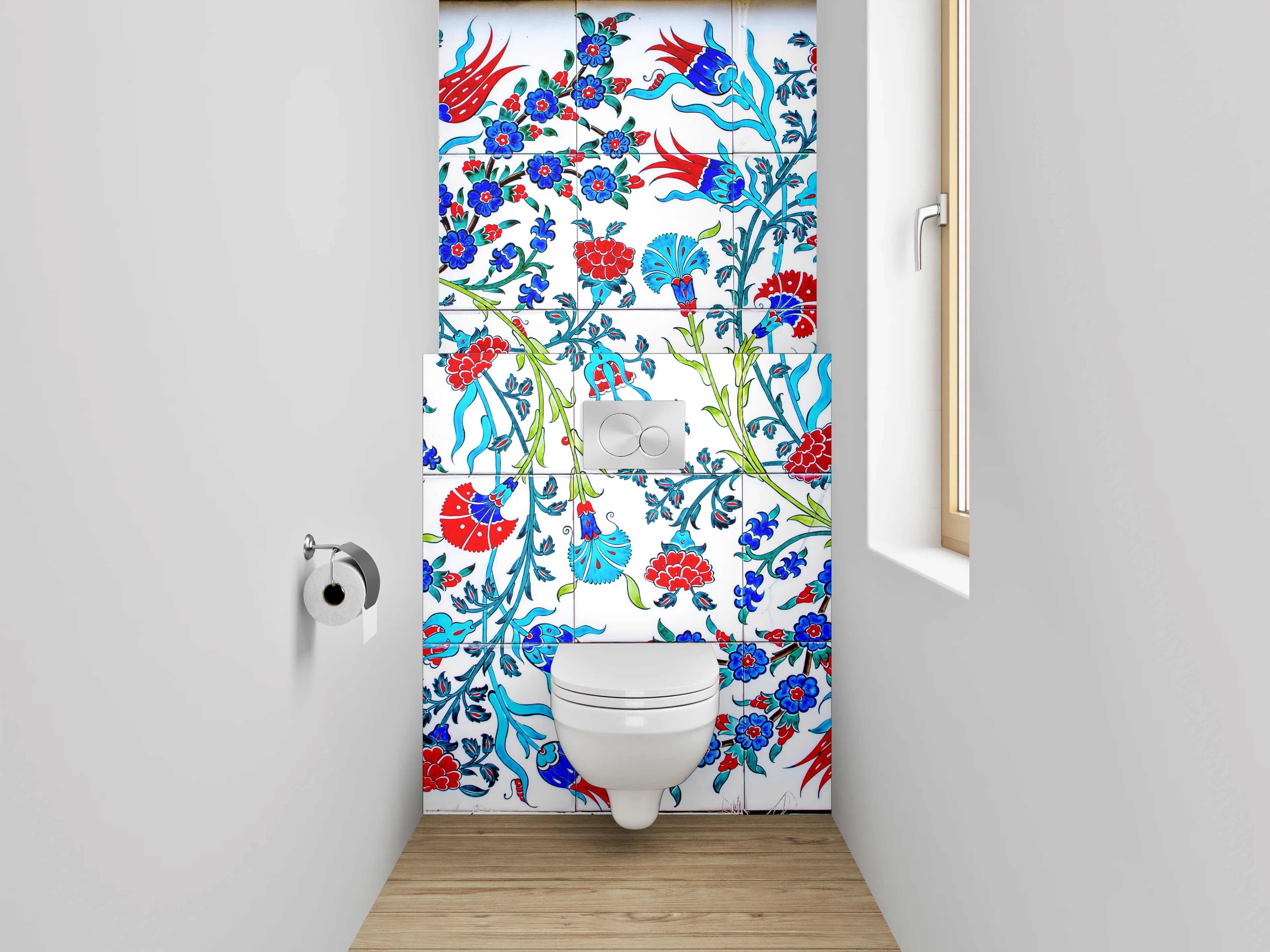 WC-Rückwand - Orientalisches Blumenmuster Mosaikfliesen Blau Rot