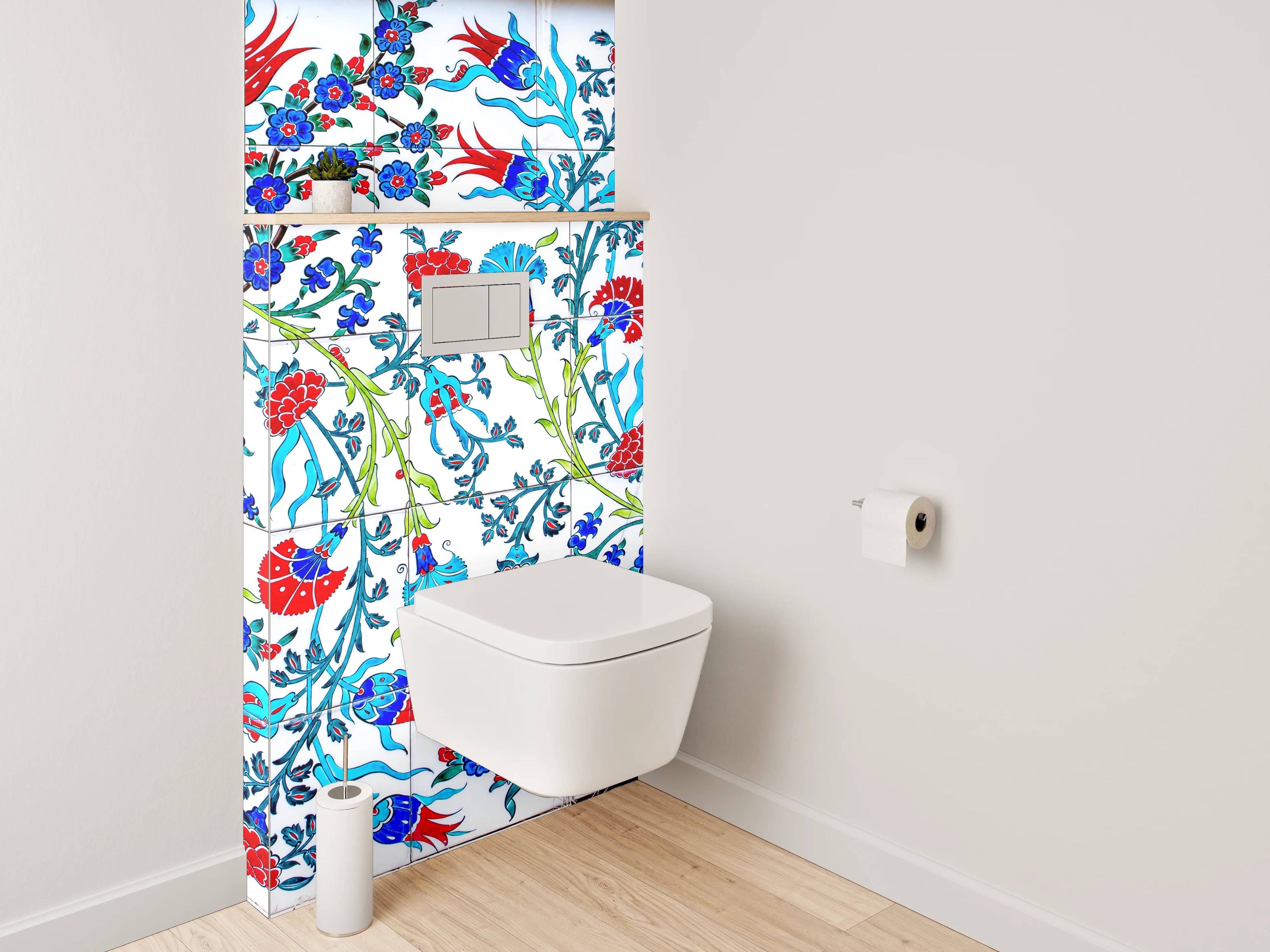 WC-Rückwand - Orientalisches Blumenmuster Mosaikfliesen Blau Rot