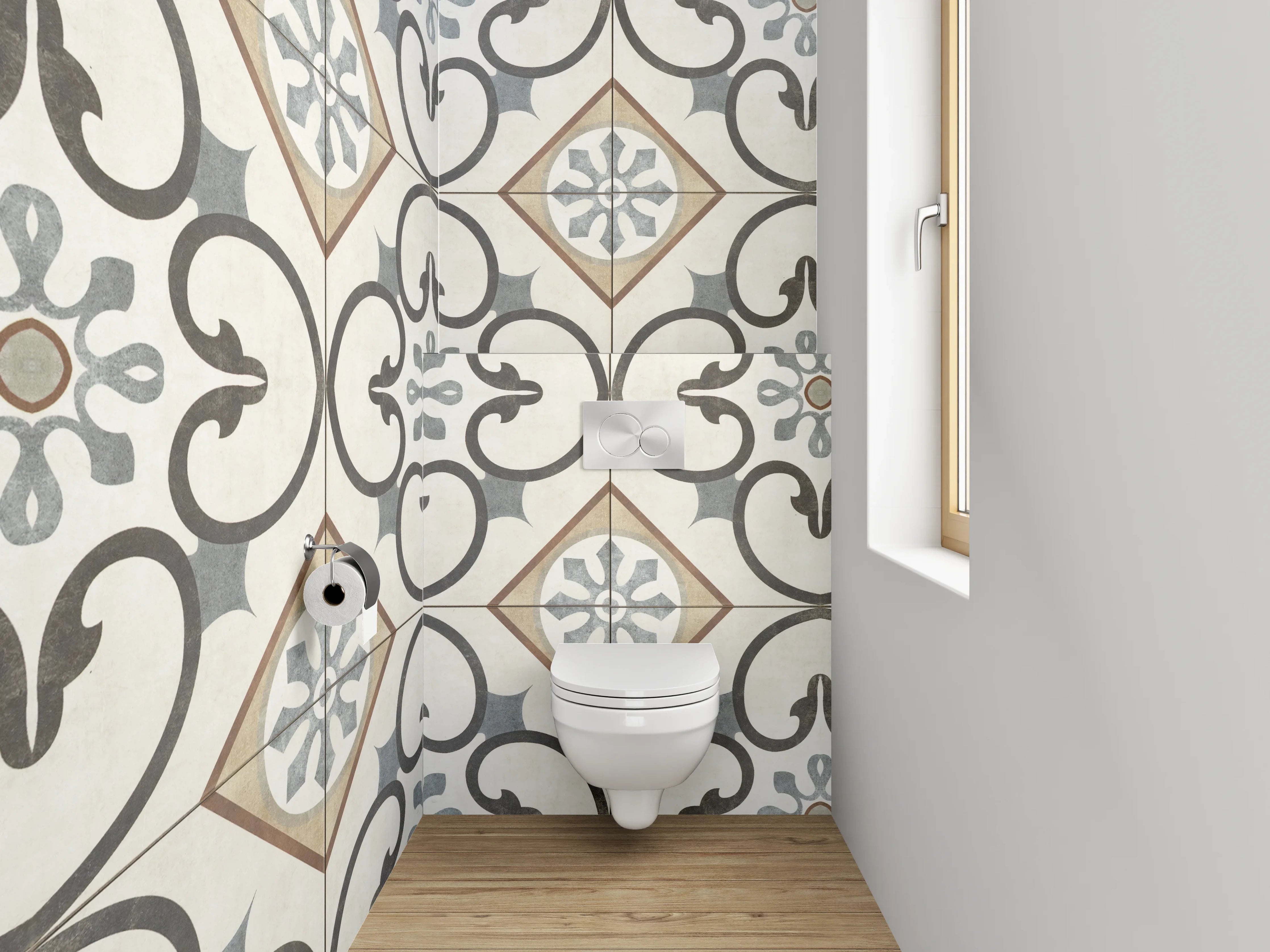 WC-Rückwand - Orientalisches Fliesenmuster Beige Grau