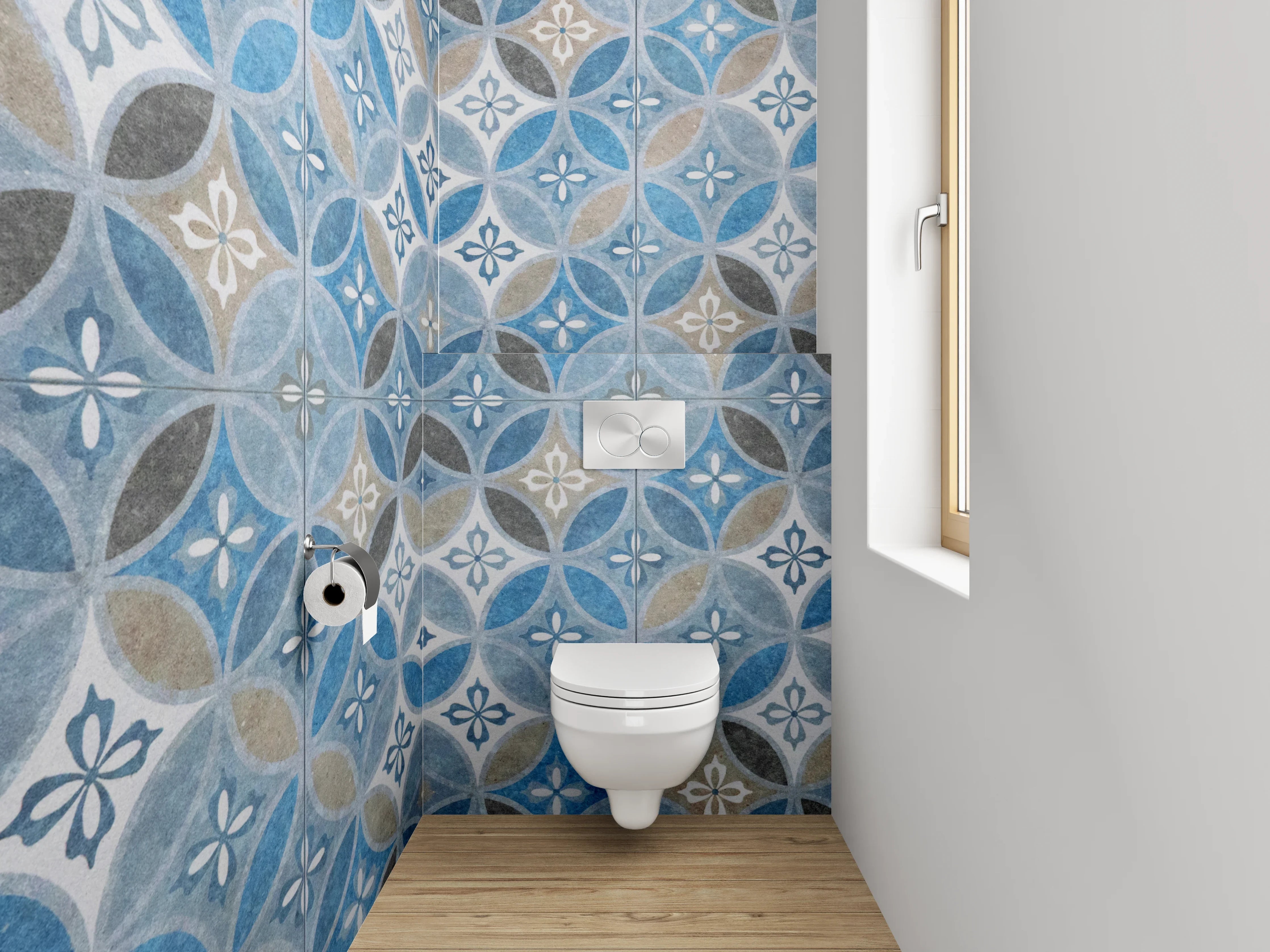 WC-Rückwand - Orientalisches Fliesenmuster Blau Braun Grau