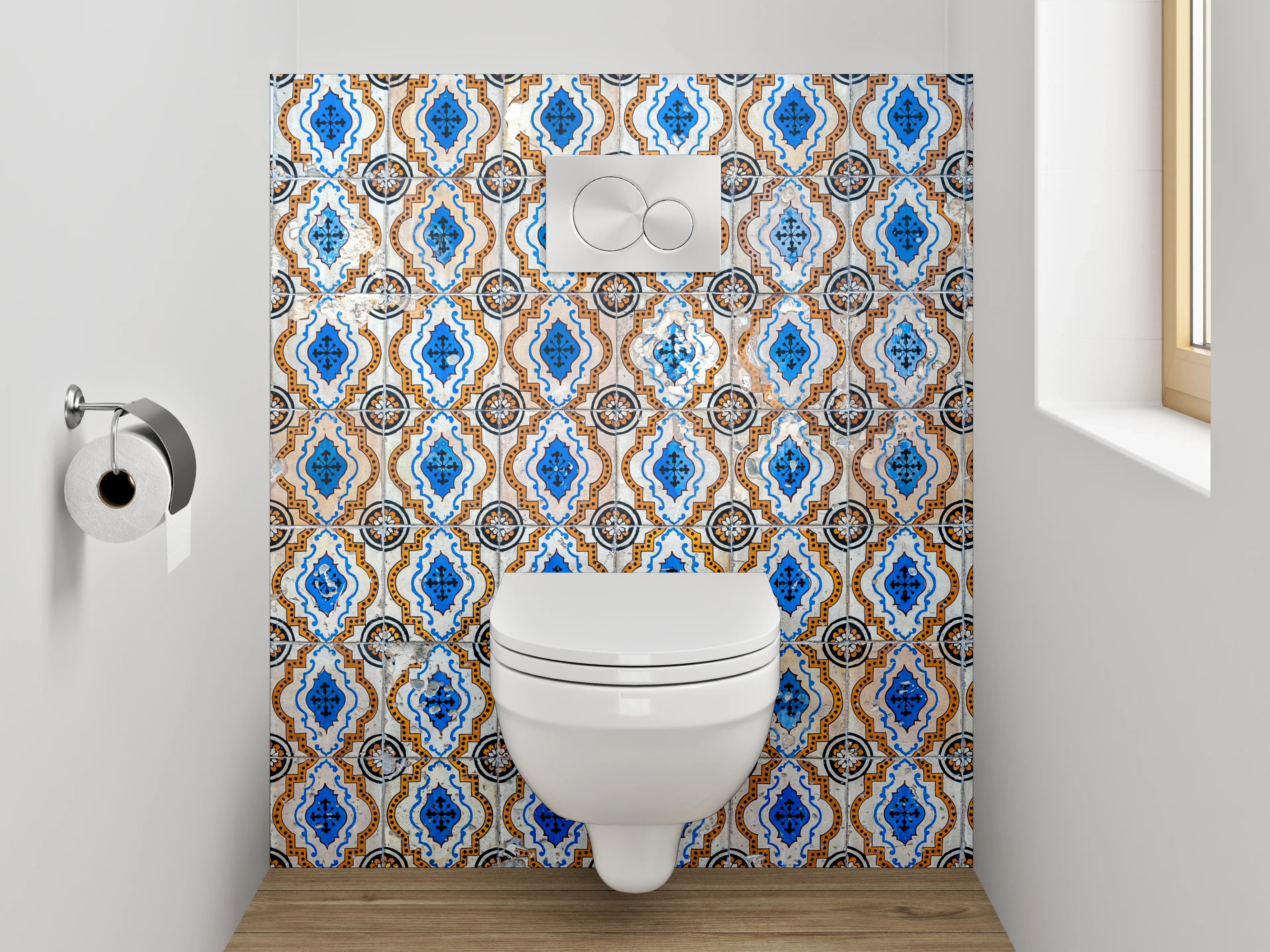 WC-Rückwand - Orientalisches Fliesenmuster Blau Braun