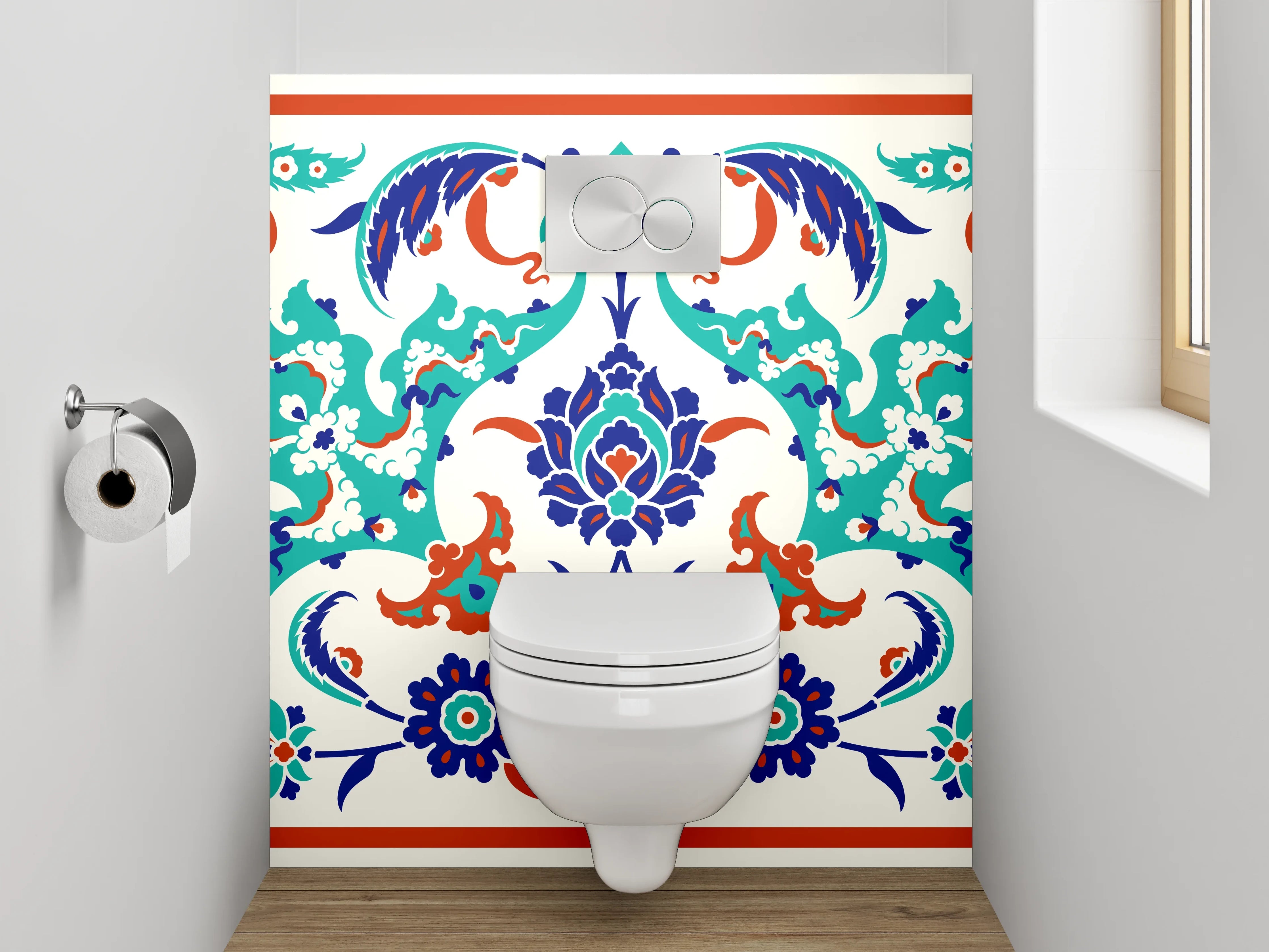 WC-Rückwand - Orientalisches Fliesenmuster Bunt Blau Rot