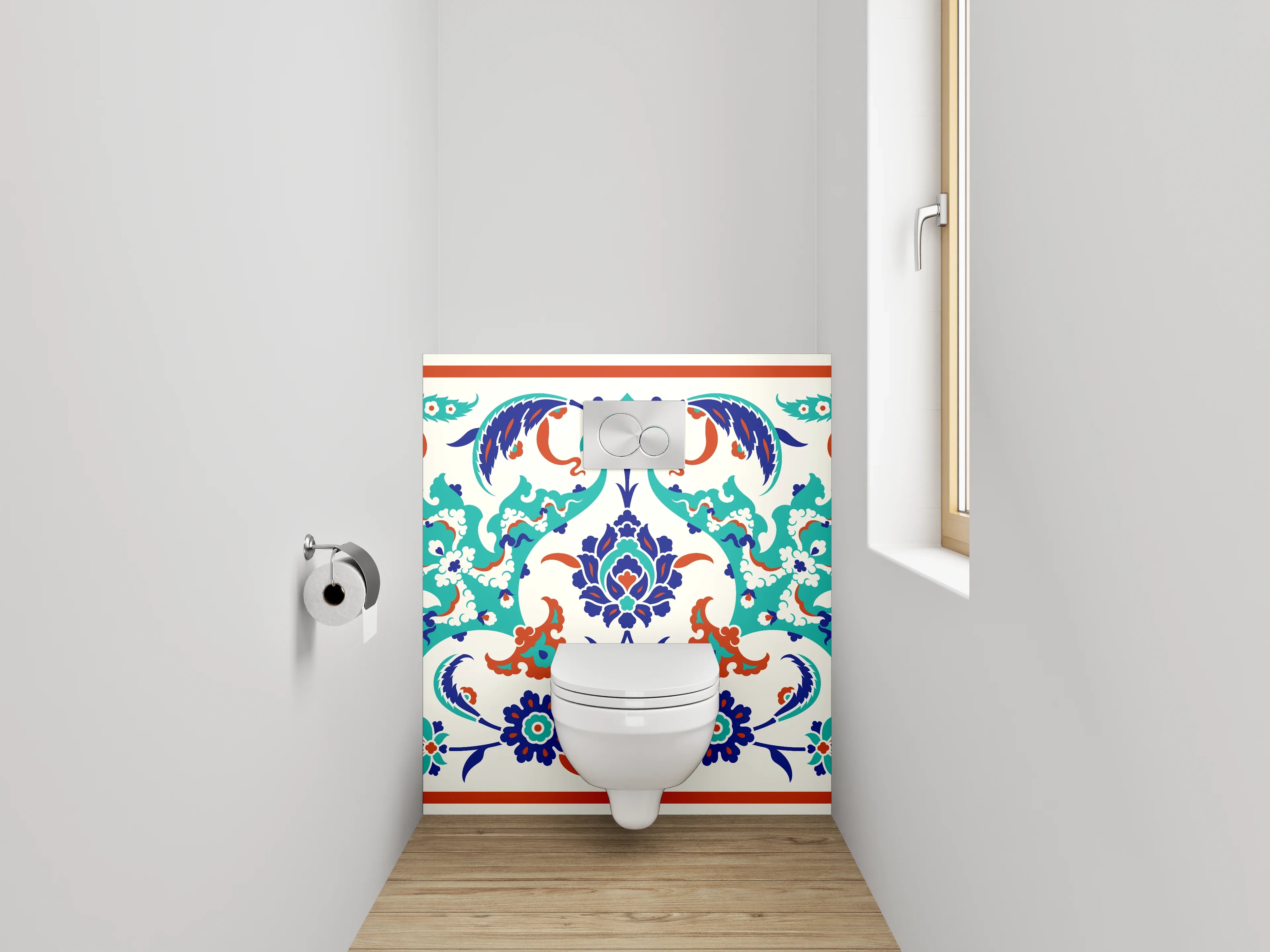 WC-Rückwand - Orientalisches Fliesenmuster Bunt Blau Rot